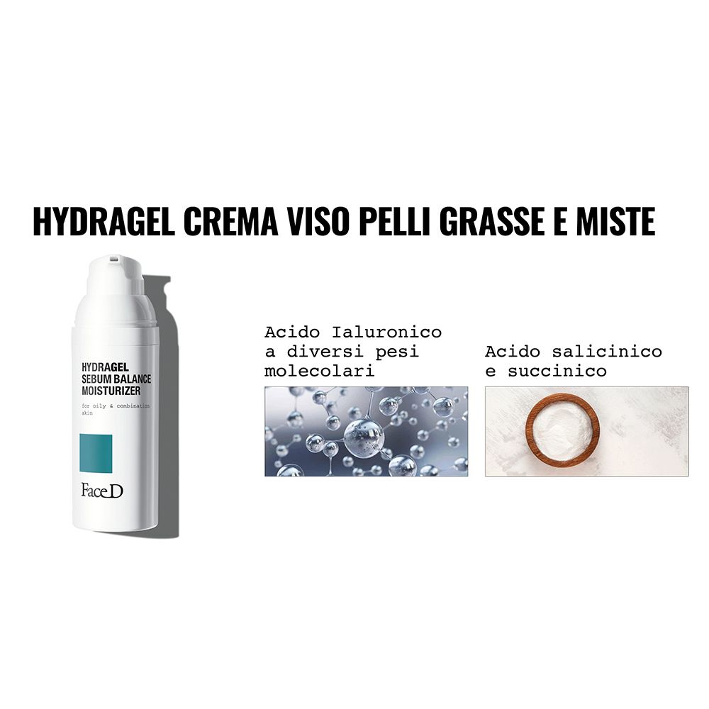 Produkt und Inhaltsstoffe. Aufschrift: HYDRAGEL CREMA VISO PELLI GRASSE E MISTE. Inhaltsstoffe: Hyaluronsäure, Salicylsäure.