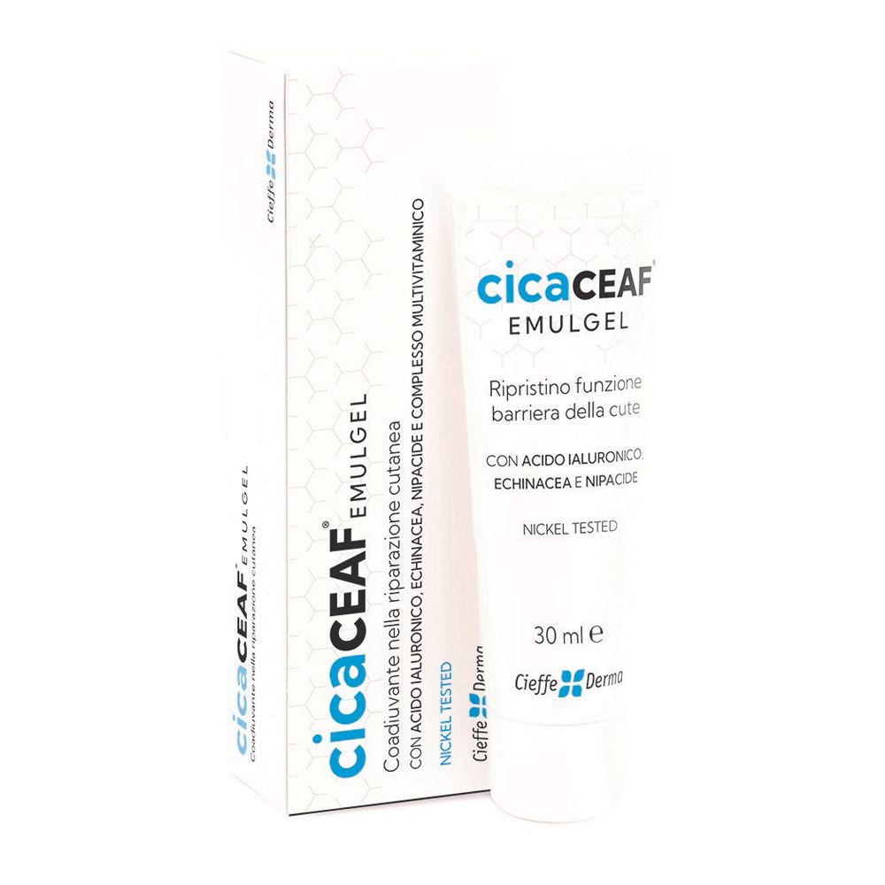 Scatola e tubo bianchi. Scritta: cicaCEAF Emulgel. Contiene acido ialuronico, echinacea, nipacide. 30 ml.