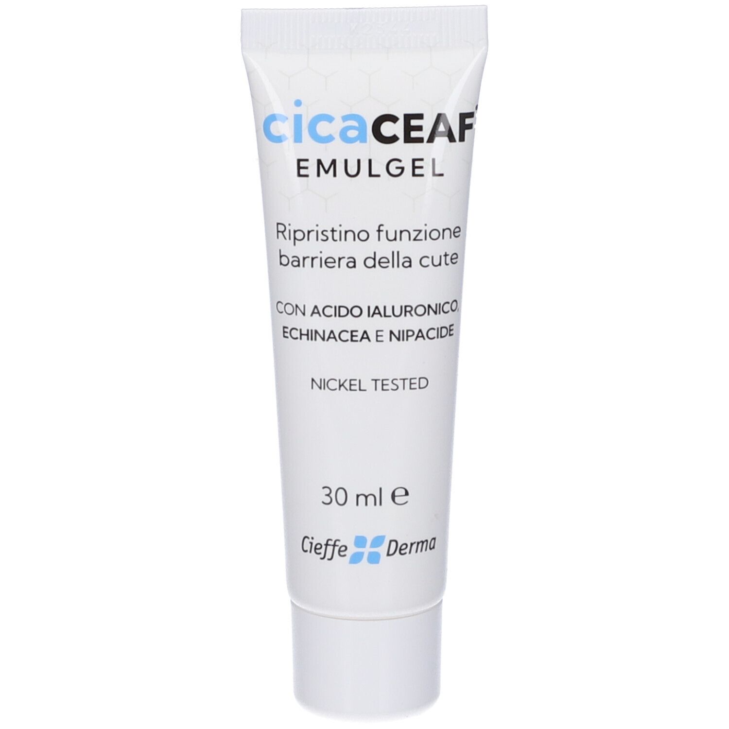 Tubo bianco con scritta blu: cicaCEAF Emulgel. Contiene acido ialuronico, echinacea, nipacide. 30 ml. Marca: Cieffe Derma.