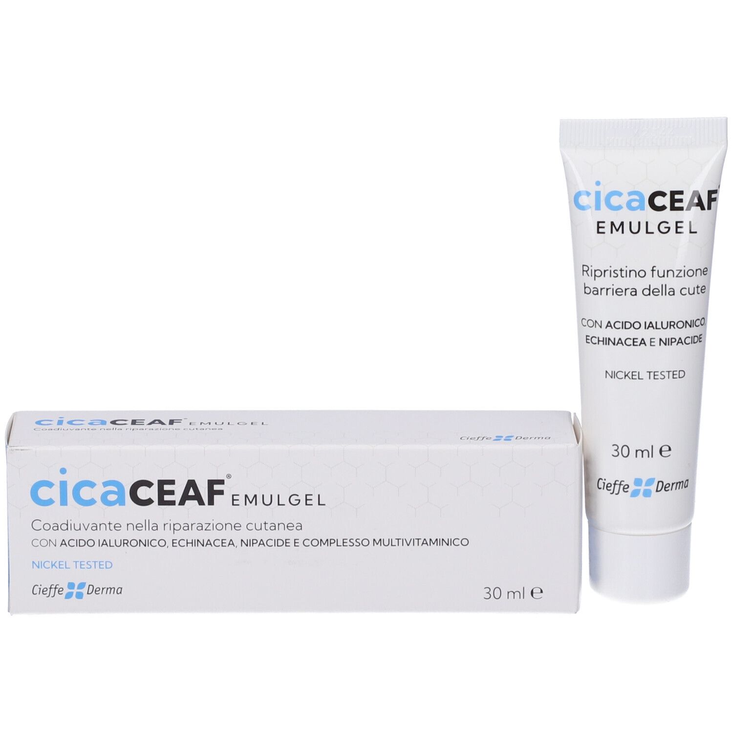 Scatola e tubo bianchi. Scritta: cicaCEAF Emulgel. 30 ml. Marca: Cieffe Derma. Prodotti affiancati.