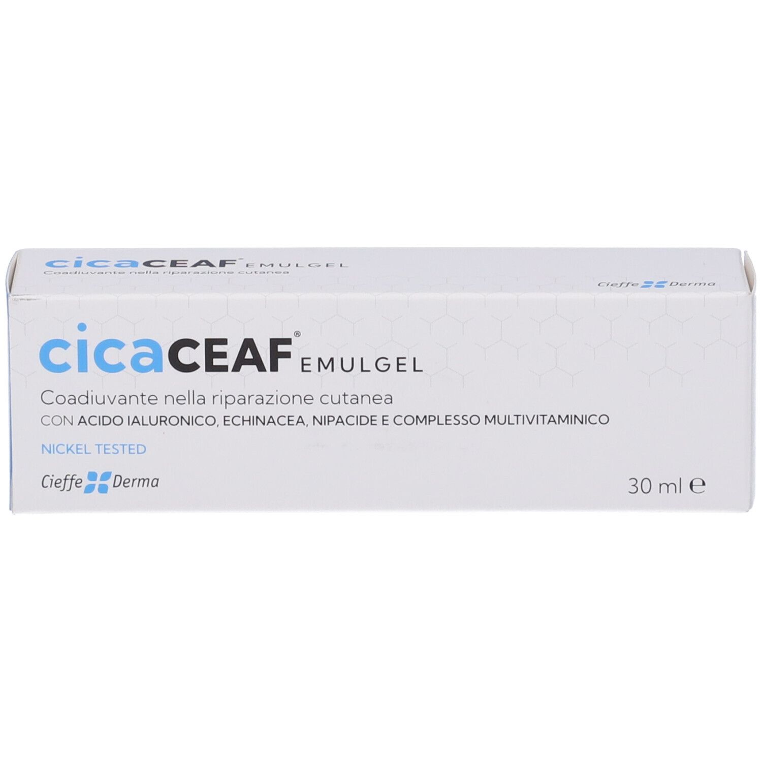 Scatola bianca. Scritta: cicaCEAF Emulgel. 30 ml. Marca: Cieffe Derma. Prodotto posizionato orizzontalmente.