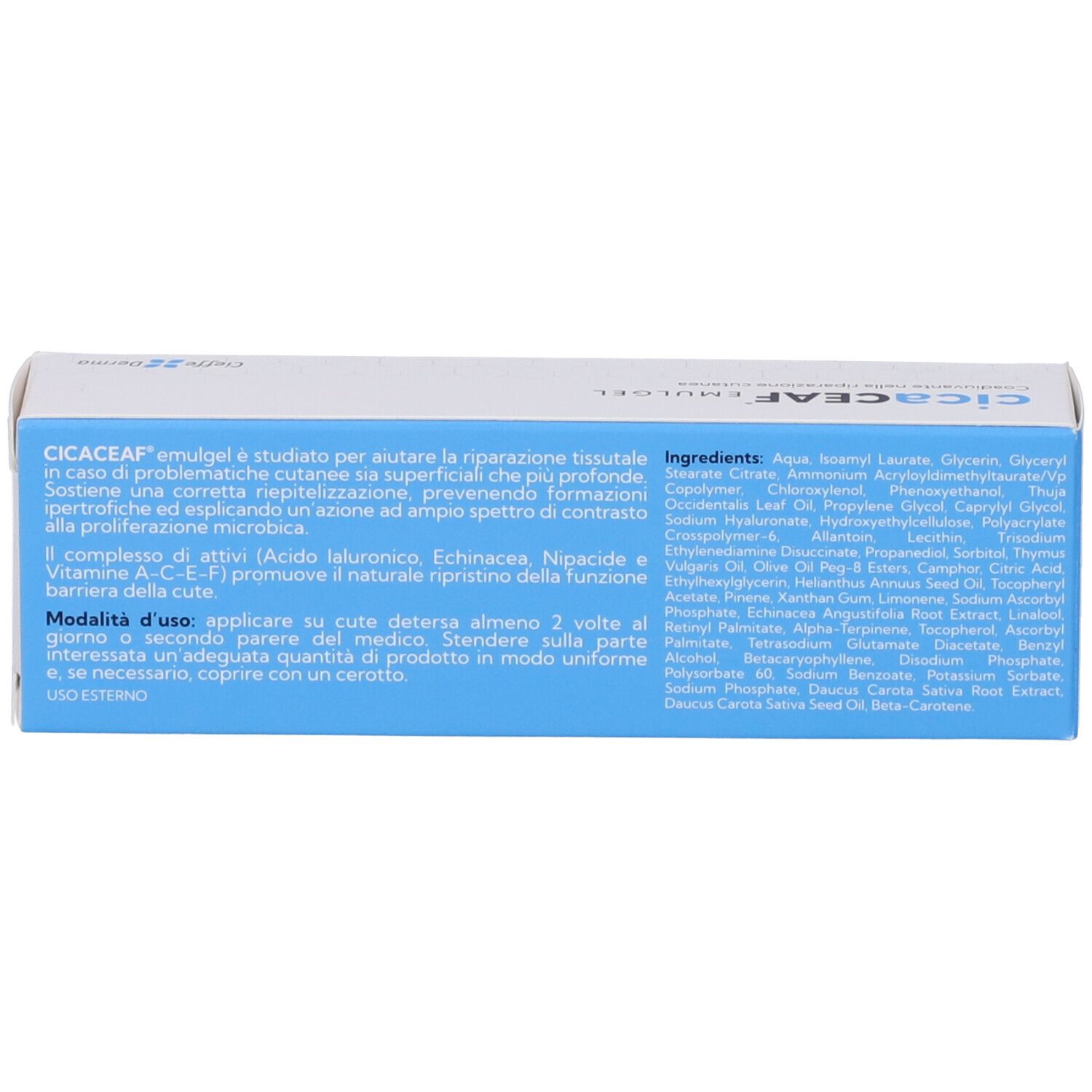 Testo sulla scatola. Contiene informazioni su ingredienti e utilizzo. Marca: Cieffe Derma.