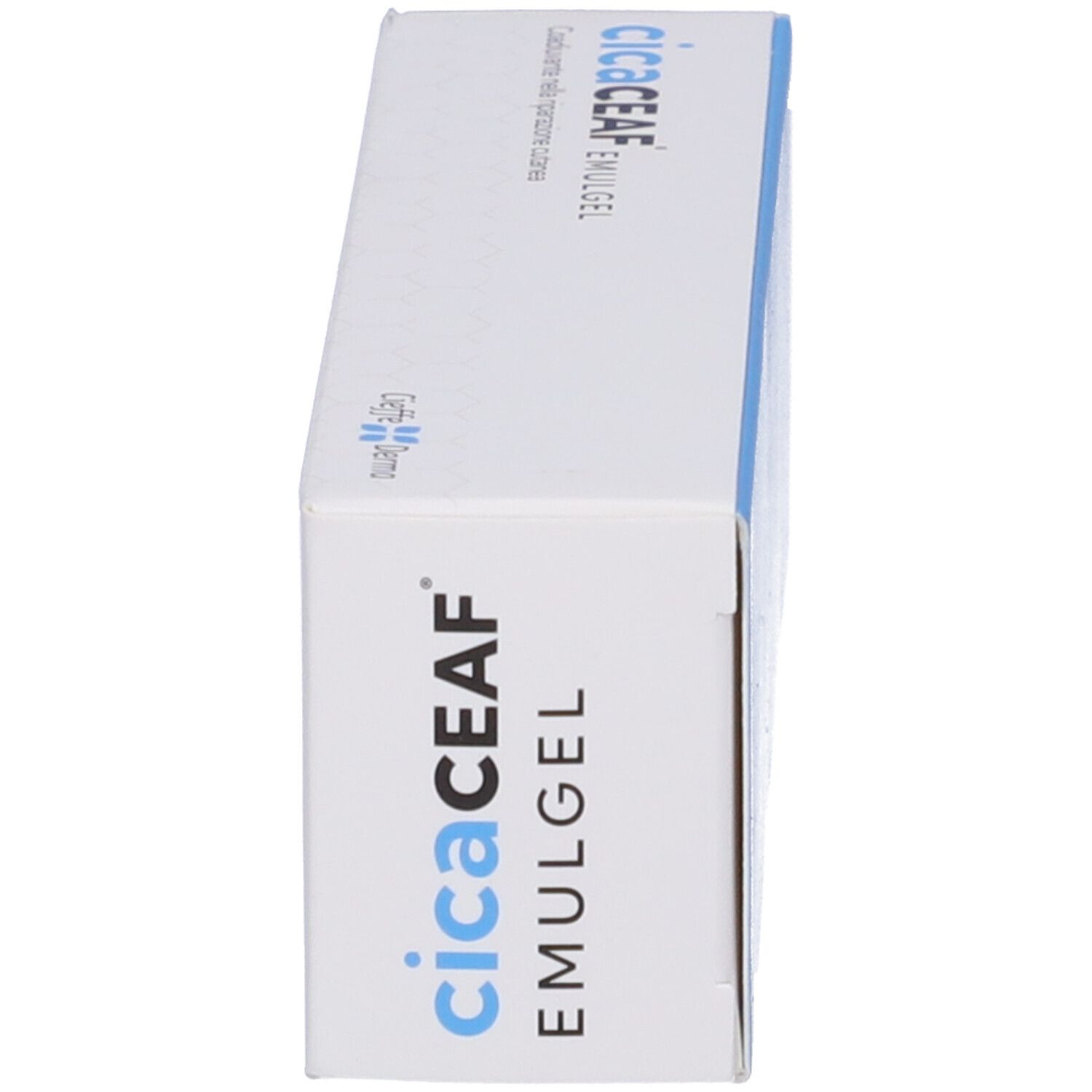 Lato della scatola. Scritta: cicaCEAF Emulgel. Logo. Prodotto mostrato ad angolo.
