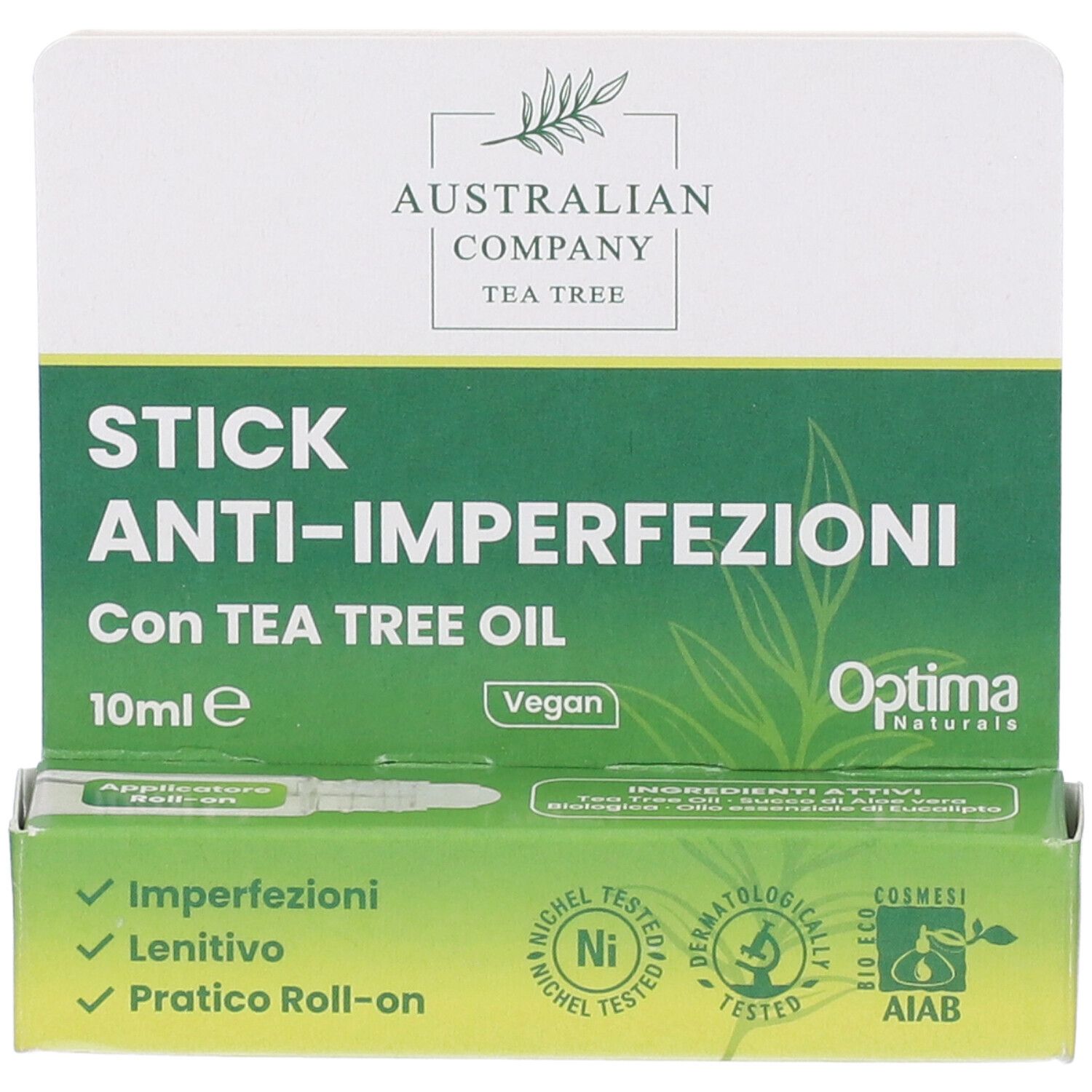Verpackung Stick Anti-Imperfezioni. Enthält Tea Tree Oil. 10ml. Vegan. AIAB-Zertifizierung. Roll-on. Vorderansicht.