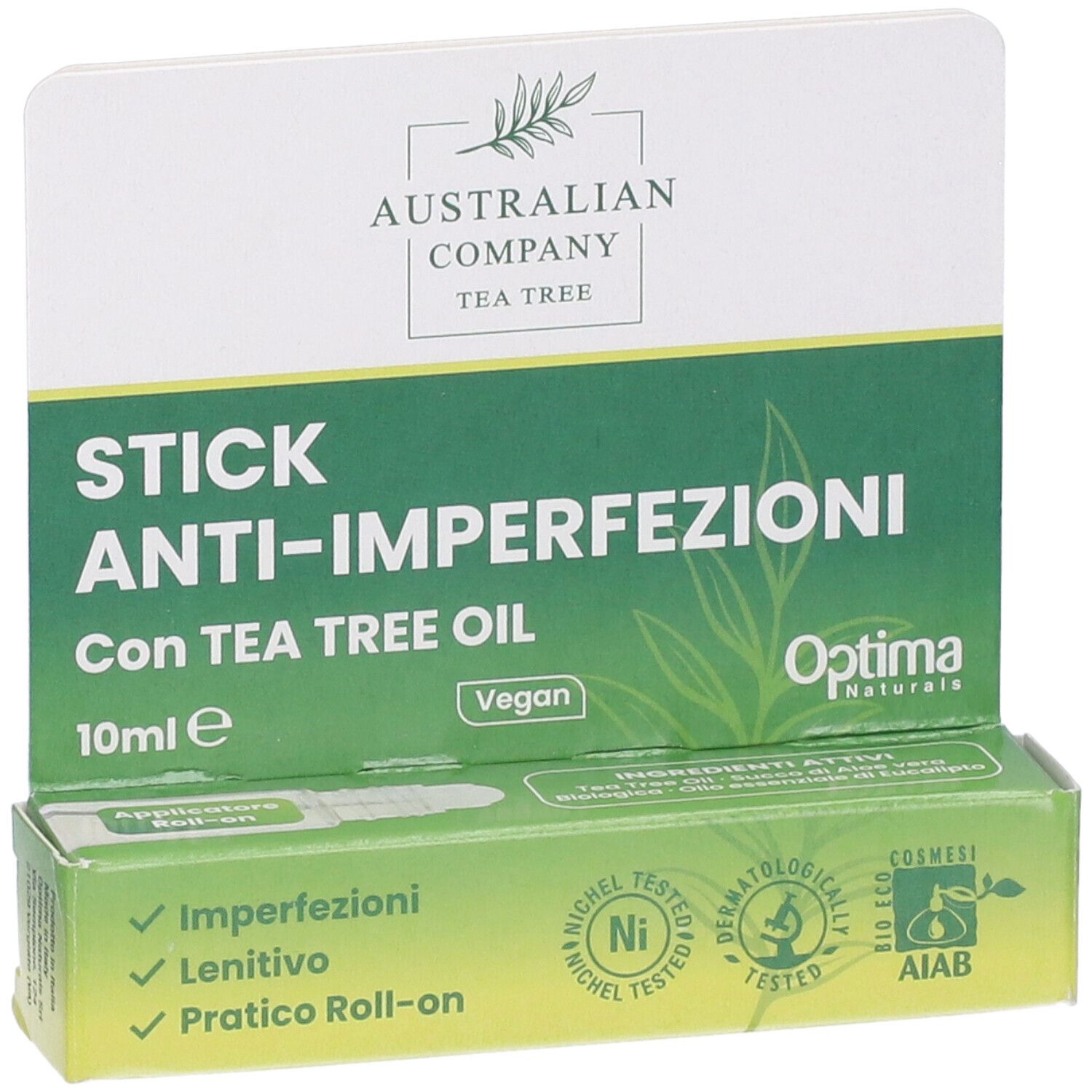Verpackung Stick Anti-Imperfezioni. Enthält Tea Tree Oil. 10ml. Vegan. AIAB-Zertifizierung. Roll-on. Vorderansicht.