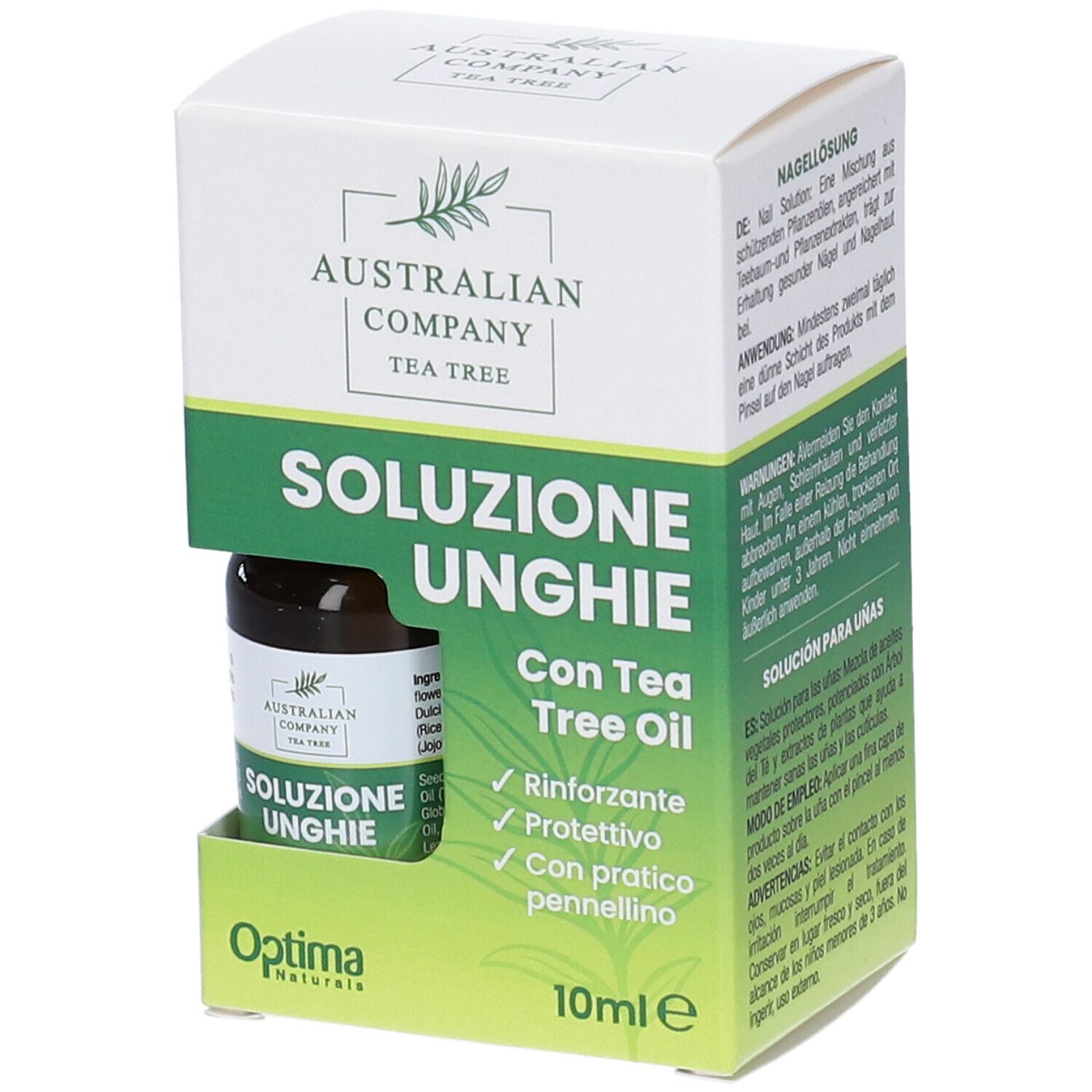 Scatola con flacone. Scritta: Australian Company Tea Tree, Soluzione Unghie, Con Tea Tree Oil. Contiene 10ml.