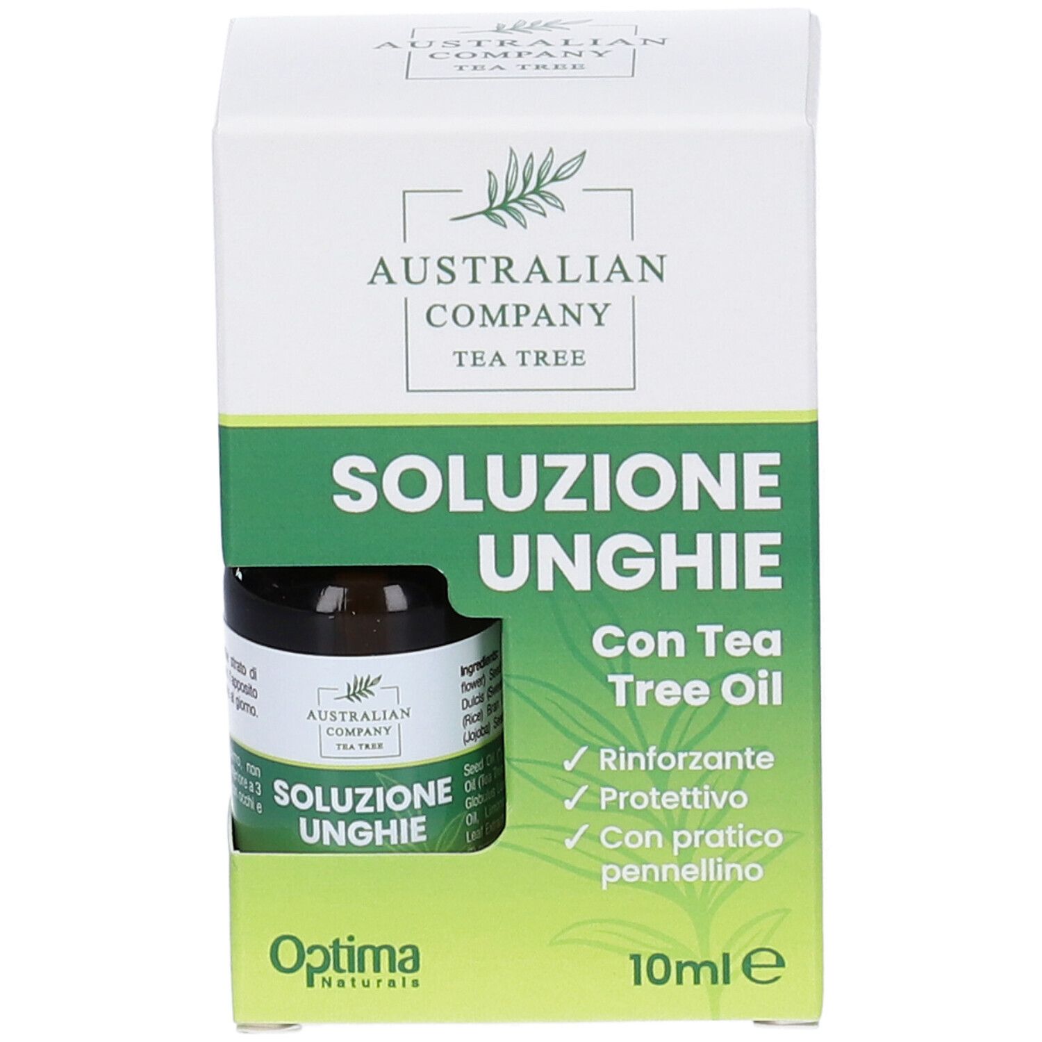 Scatola con flacone. Scritta: Australian Company Tea Tree, Soluzione Unghie, Con Tea Tree Oil. Contiene 10ml.