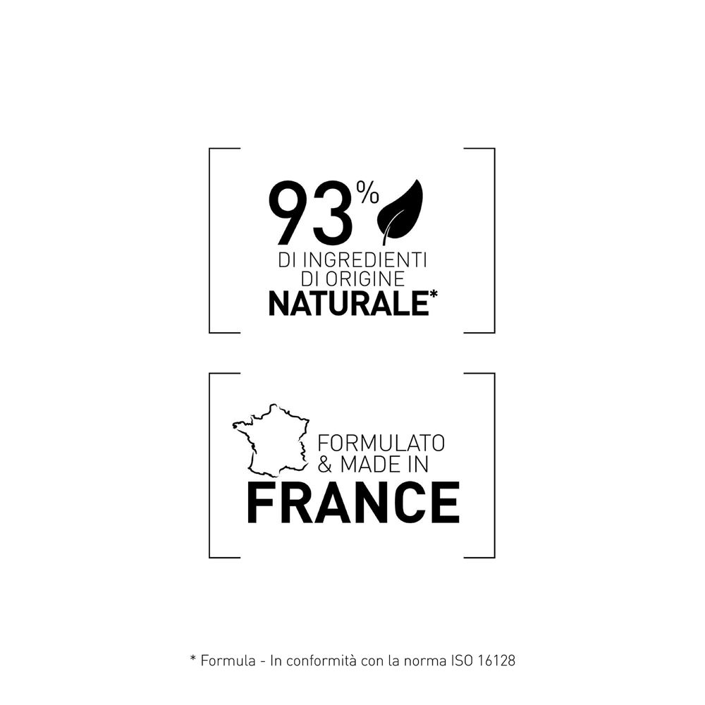 Text: 93% DI INGREDIENTI DI ORIGINE NATURALE*. Formel & Made in France. ISO 16128.