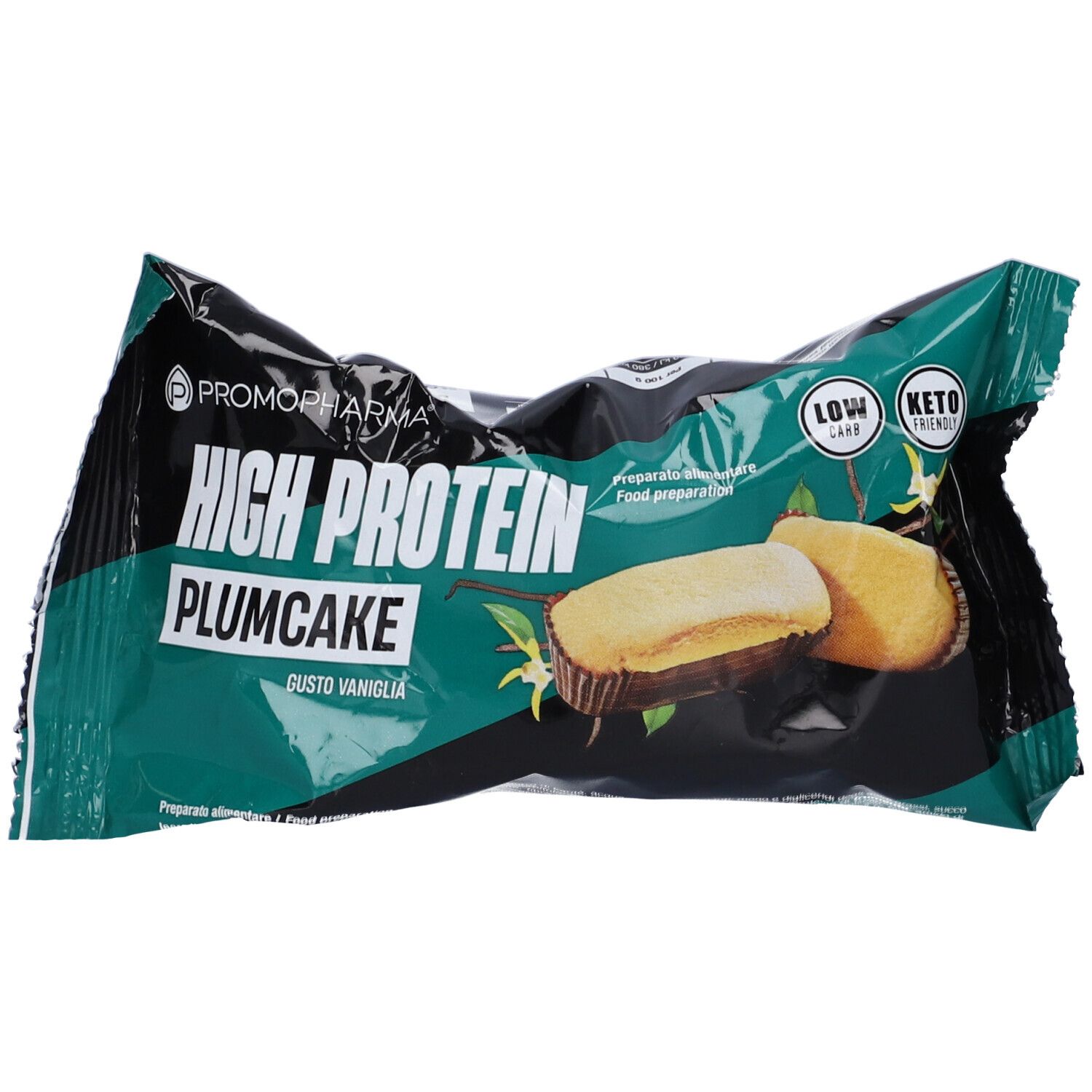 Confezione di High Protein Plumcake Vaniglia. Incarto verde e nero con nome e logo del prodotto. Keto friendly.