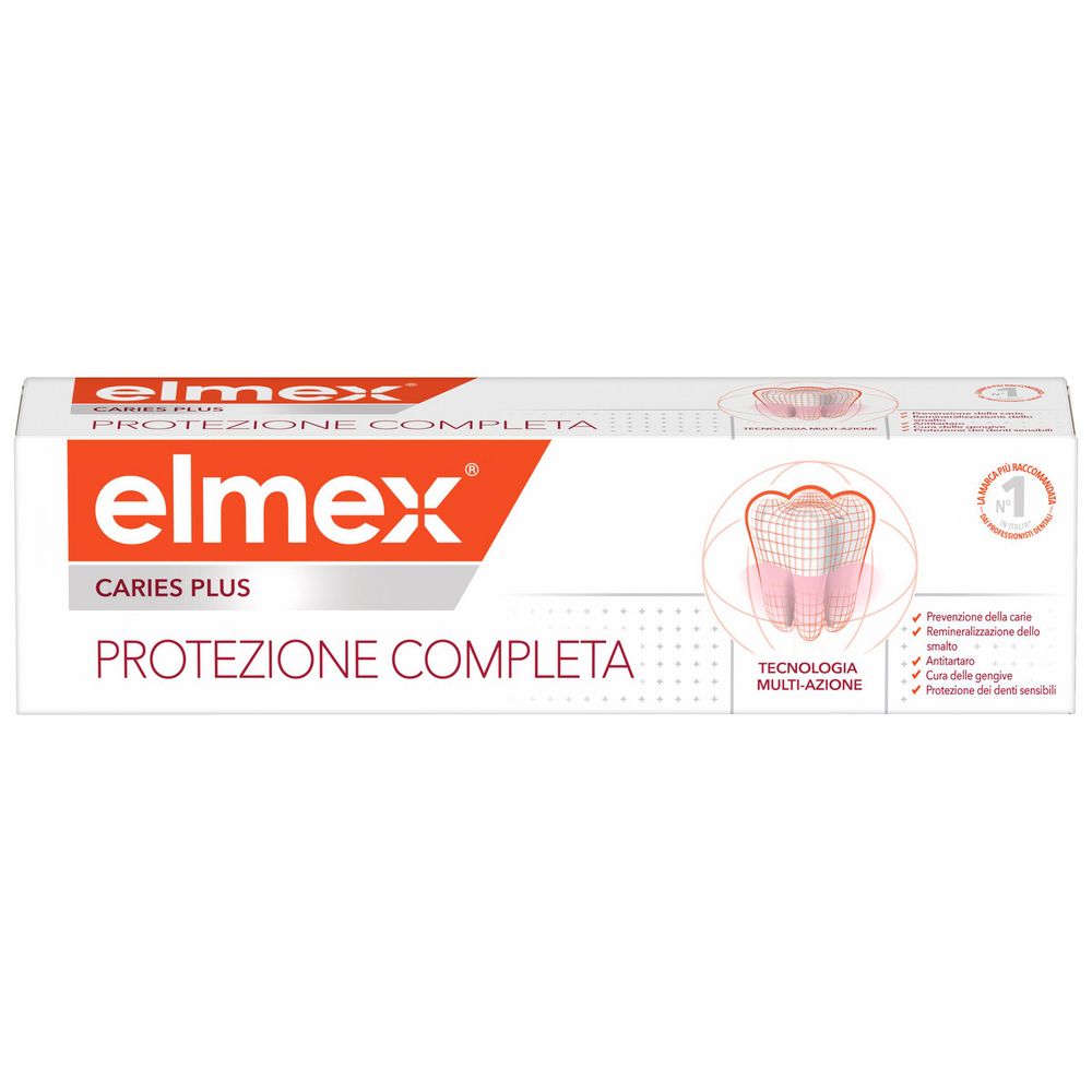 Elmex Zahnpasta-Karton mit 'CARIES PLUS PROTEZIONE COMPLETA' Aufschrift und Zahnabbildung.
