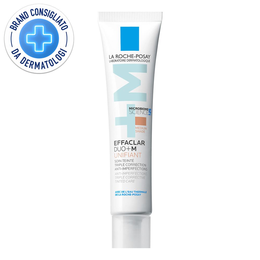 Weiße Tube mit blauem Quadrat. Text: La Roche-Posay, Effaclar Duo+M Unifiant. Siegel: Brand Consigliato da Dermatologi.