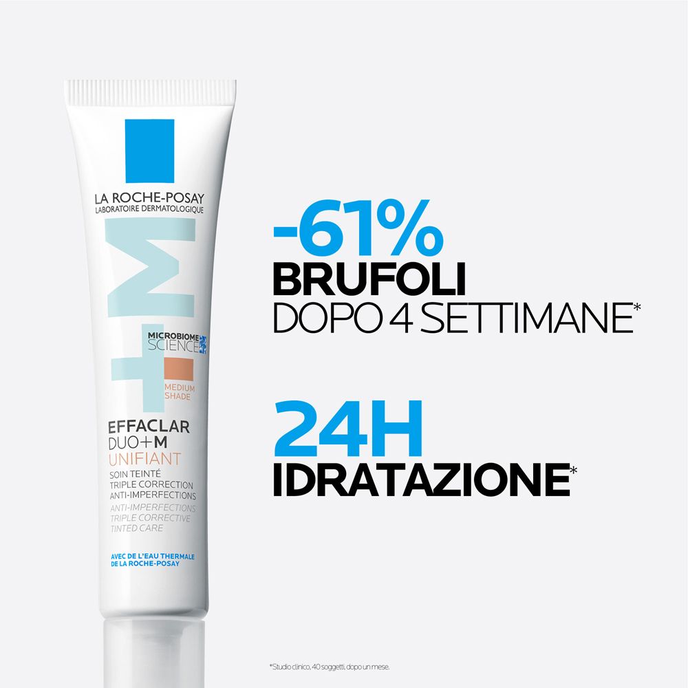 Text: -61% Pickel nach 4 Wochen, 24H Hydratation. Produkt: Effaclar Duo+M Unifiant. Hintergrund: hellgrau.