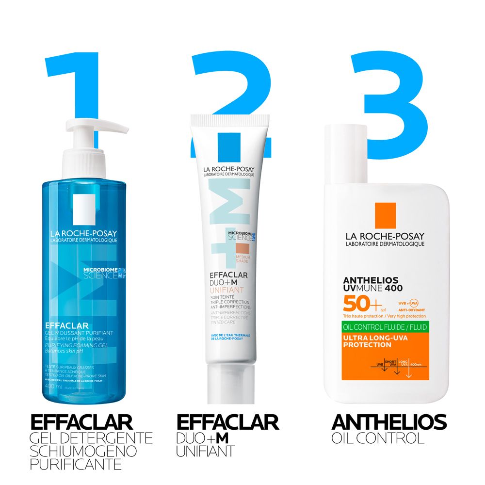 Drei Produkte: Effaclar Gel, Effaclar Duo+M Unifiant, Anthelios Oil Control. Blau, weiß und orangefarbene Verpackung.