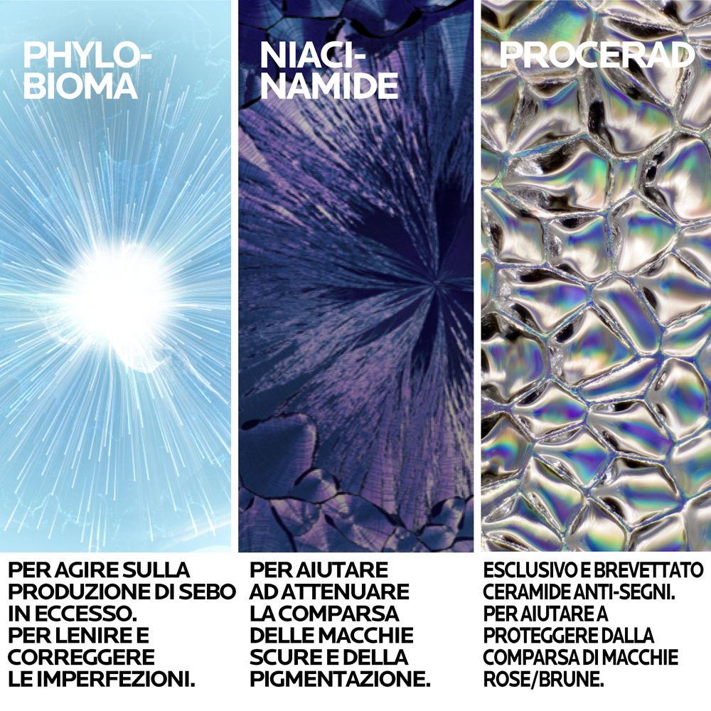 Drei Inhaltsstoffe: Phylobioma, Niacinamid, Procerad. Textbeschreibungen. Hintergrund: blau und silber.