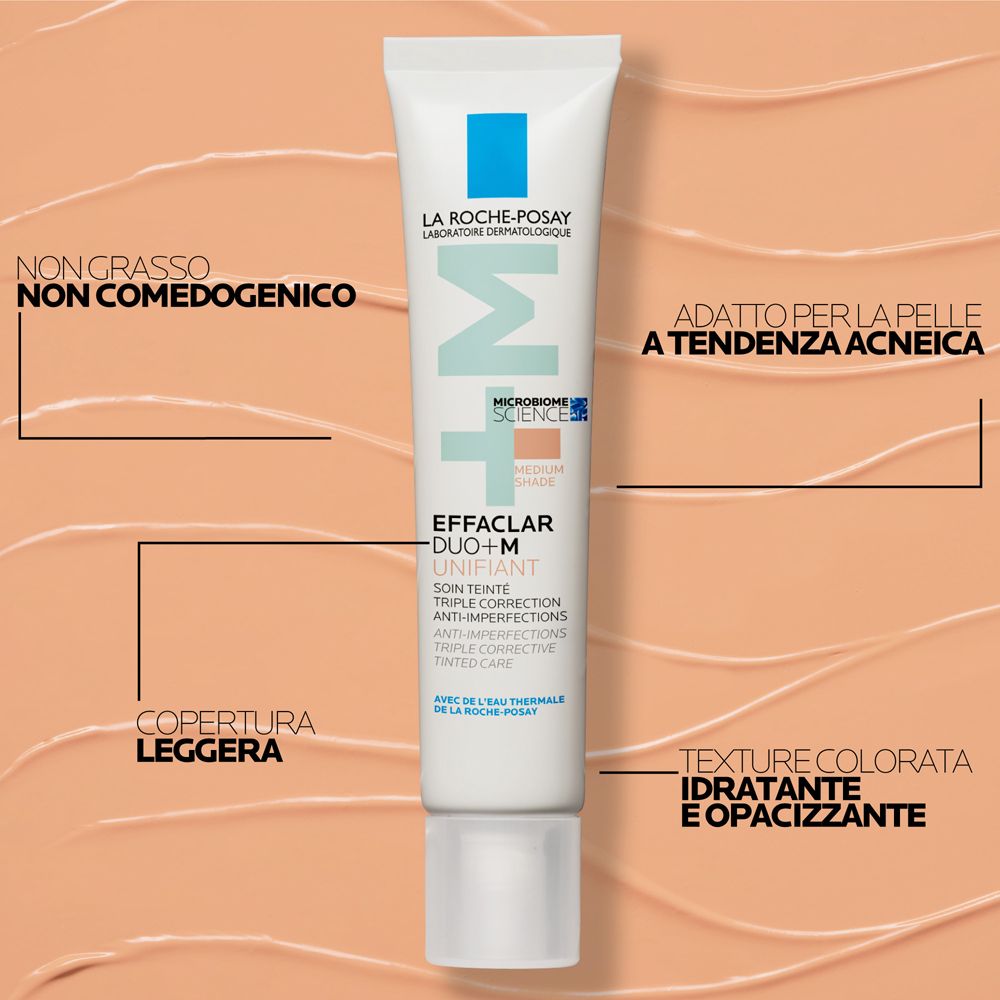 Tube Effaclar Duo+M Unifiant. Text: Nicht fettend, nicht komedogen, für zu Akne neigende Haut. Hintergrund: beige.