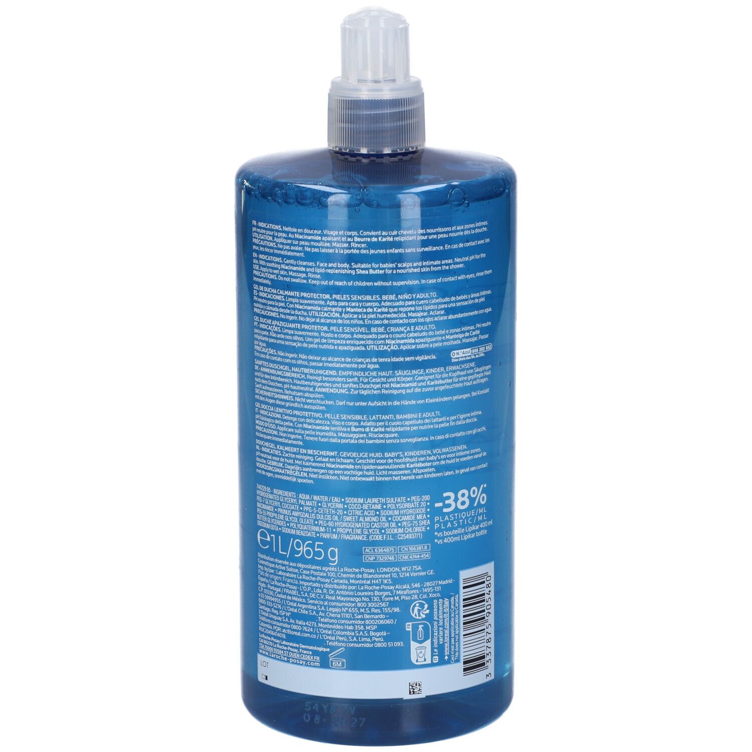 Blaue Flasche mit weißem Pumpspender, 1L/965g. Rückseite mit Produktinformationen und Barcode.