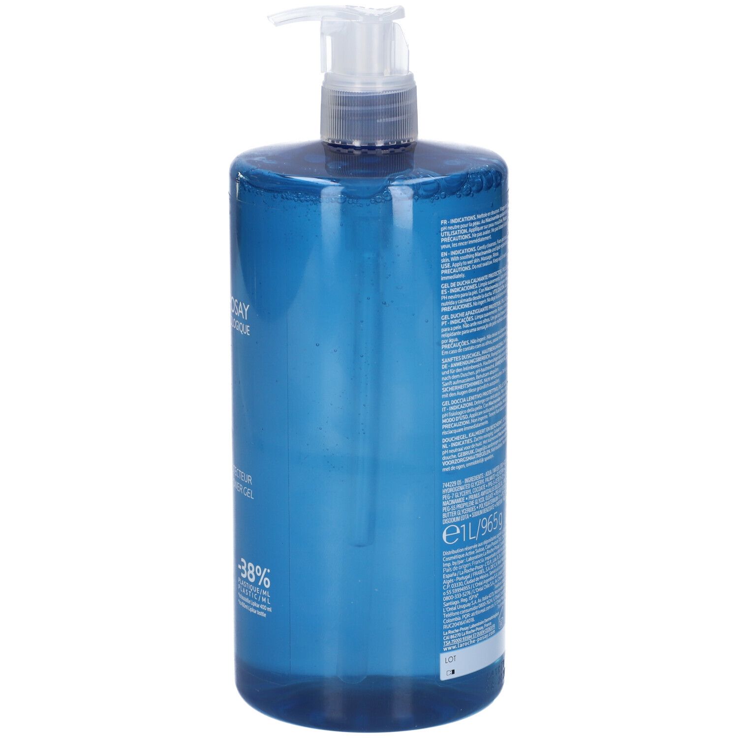 Blaue Pumpflasche mit Duschgel, 1 Liter.