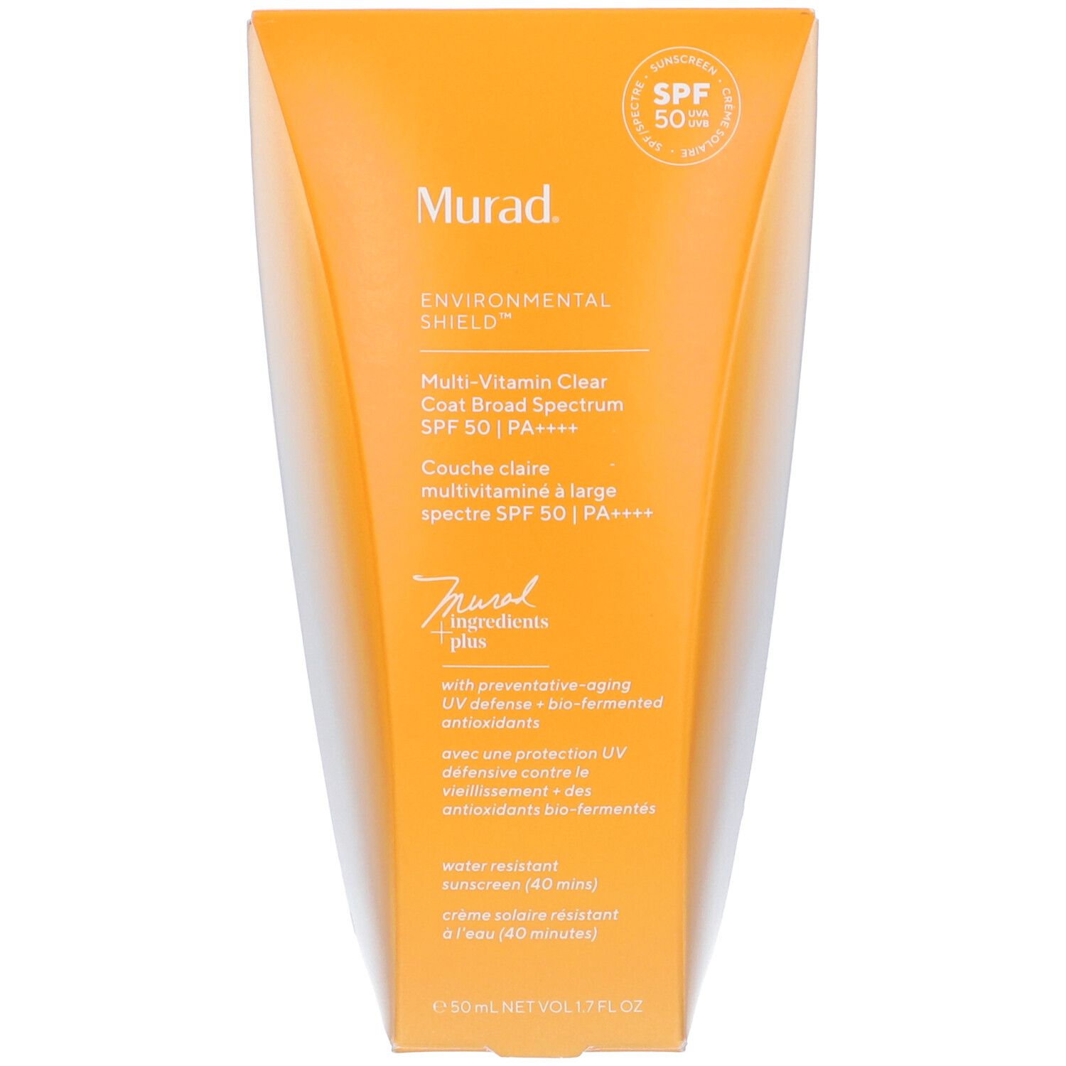 Orangefarbene Tube mit weißem Deckel. Aufschrift: Murad Environmental Shield Multi-Vitamin Clear Coat Broad Spectrum SPF 50. Siegel.