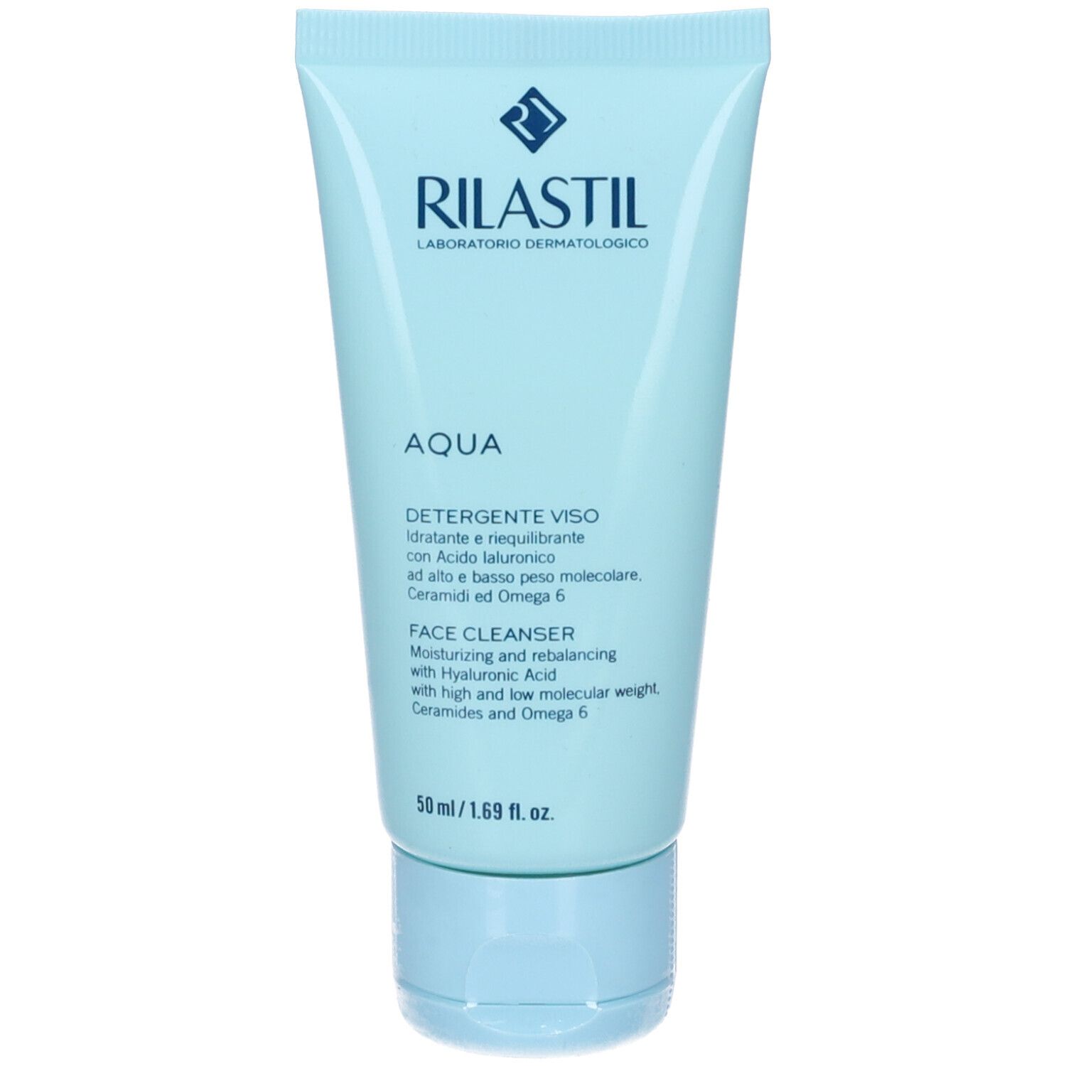 Tubo azzurro chiaro con testo bianco. Logo "Rilastil". Visibili "Aqua Detergente Viso" e "Face Cleanser".