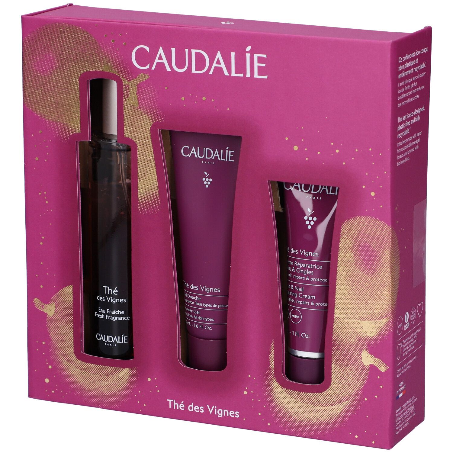 Cofanetto Caudalíe. Contiene Eau Fraîche, gel doccia e crema mani. Confezione rosa con logo e nomi dei prodotti.