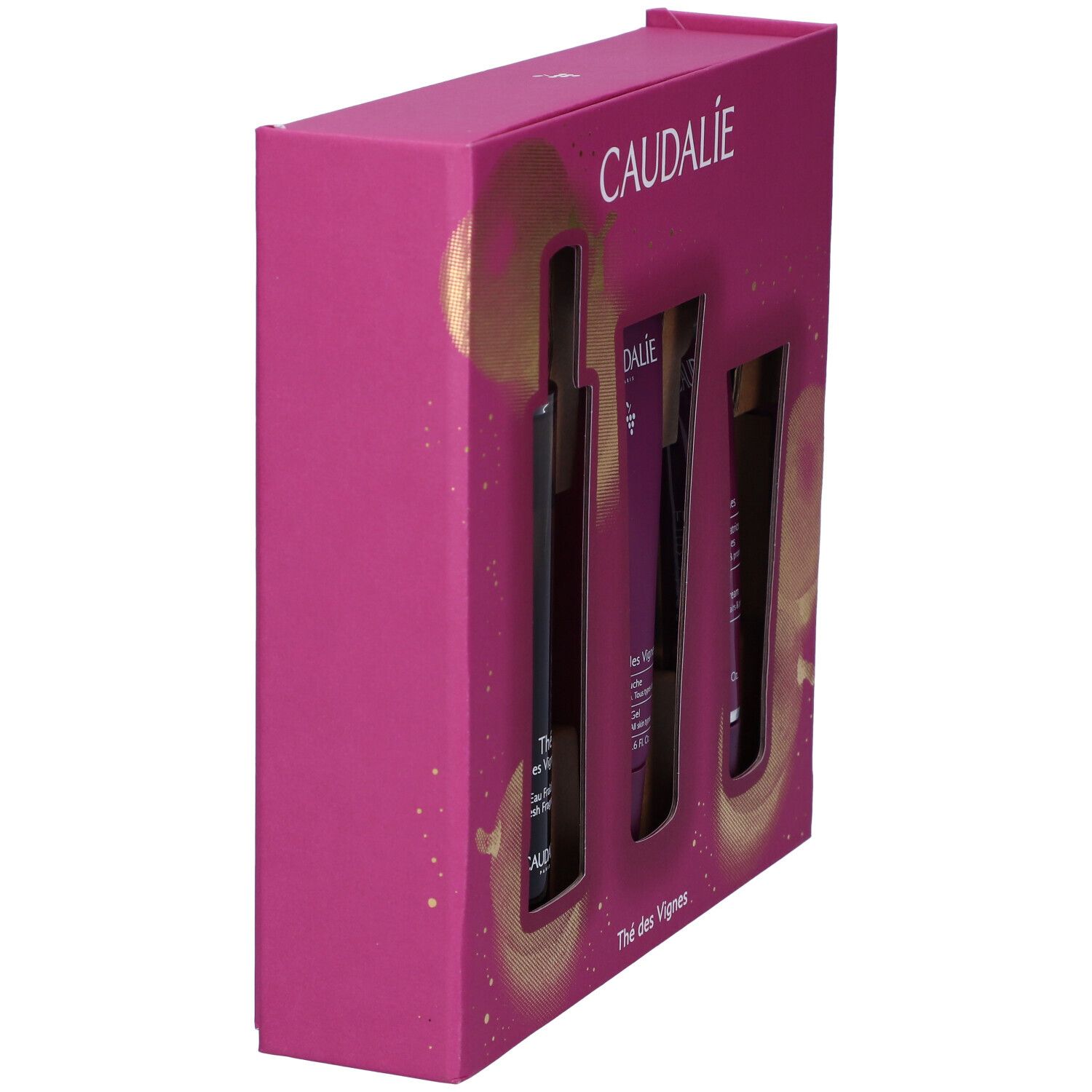 Cofanetto Caudalíe, vista laterale. Confezione rosa. Contiene Eau Fraîche, gel doccia e crema mani. Logo visibile.