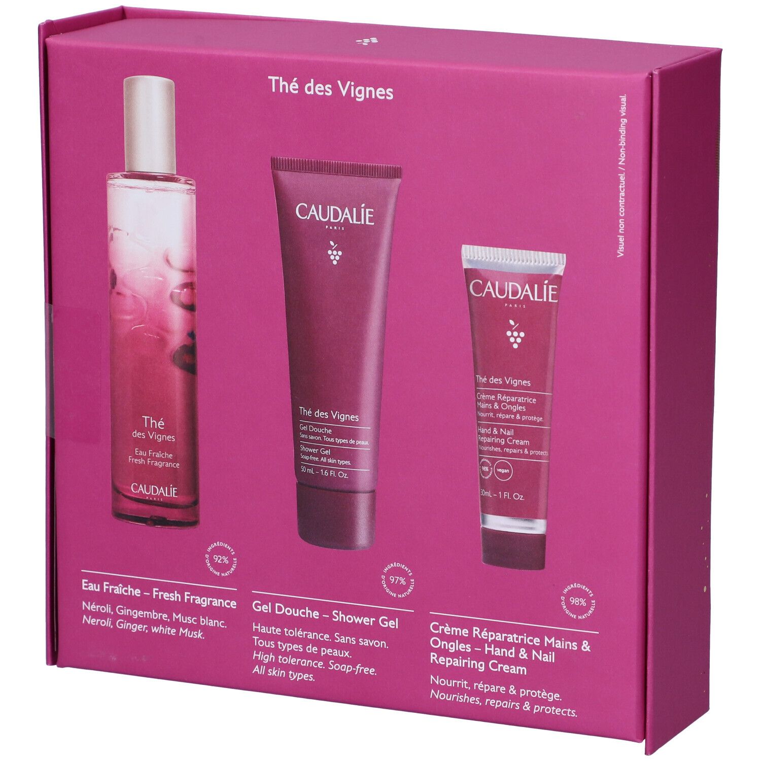 Cofanetto Caudalíe con Eau Fraîche, gel doccia e crema mani. Confezione rosa con nomi e ingredienti.