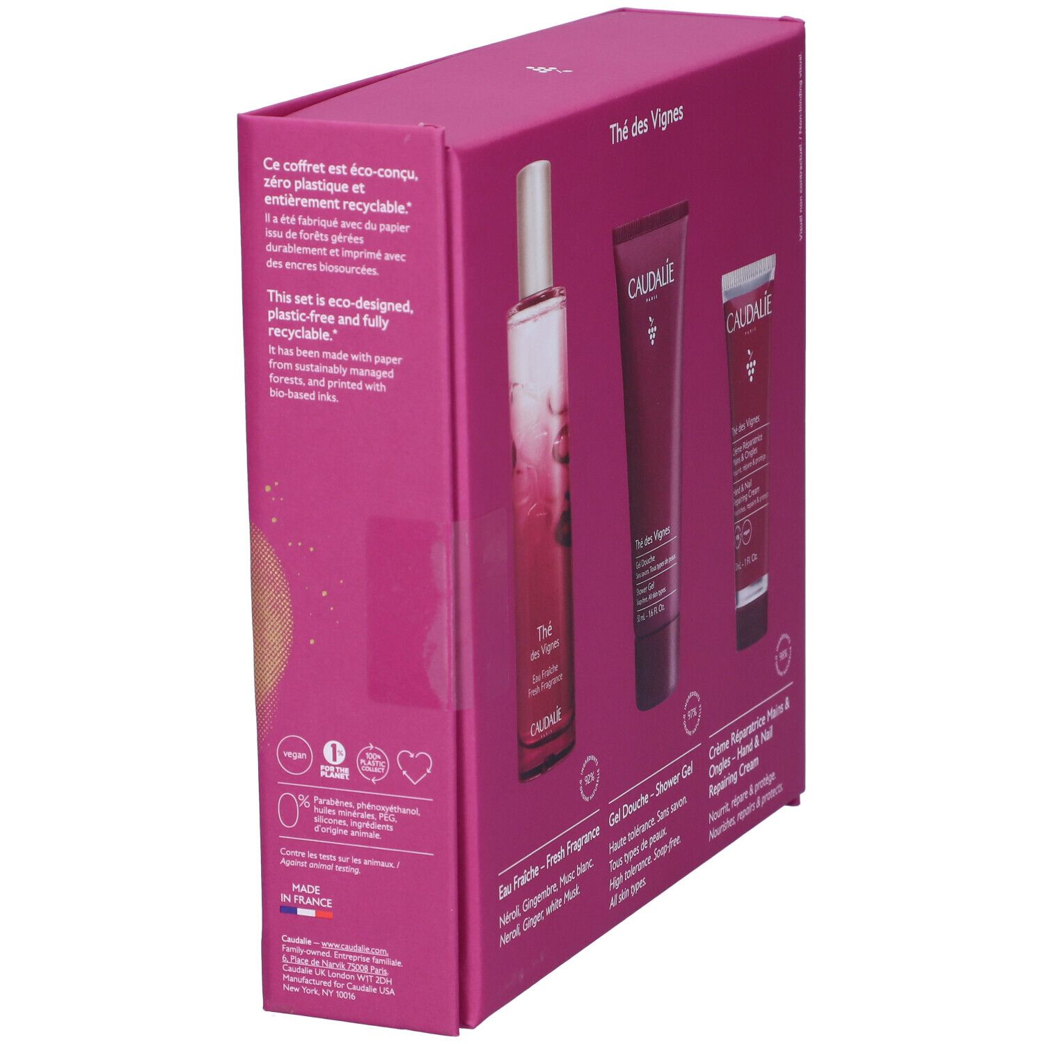 Cofanetto Caudalíe, vista laterale. Confezione rosa con Eau Fraîche, gel doccia e crema mani. Testo e logo.