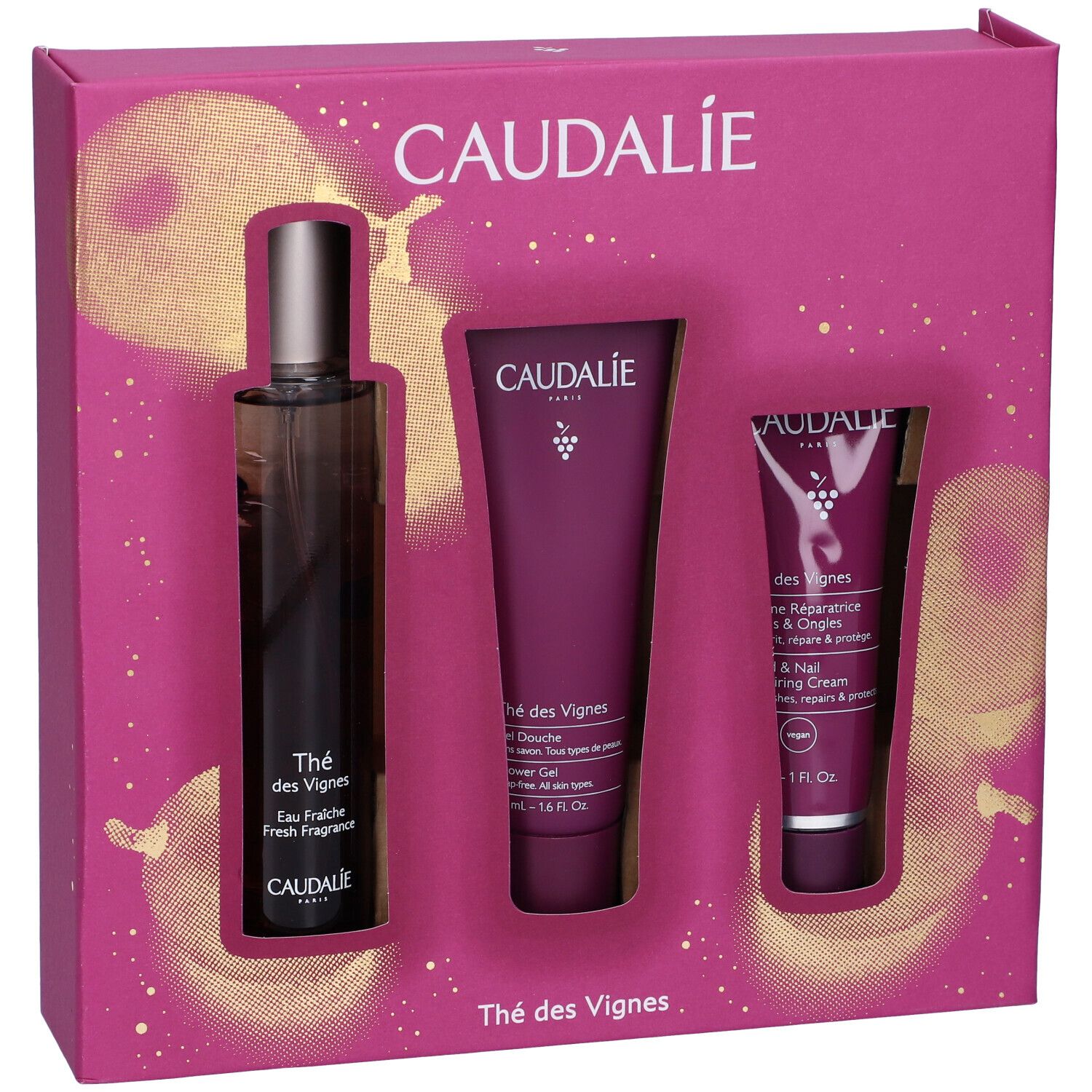 Cofanetto Caudalíe. Contiene Eau Fraîche, gel doccia e crema mani. Confezione rosa con logo.