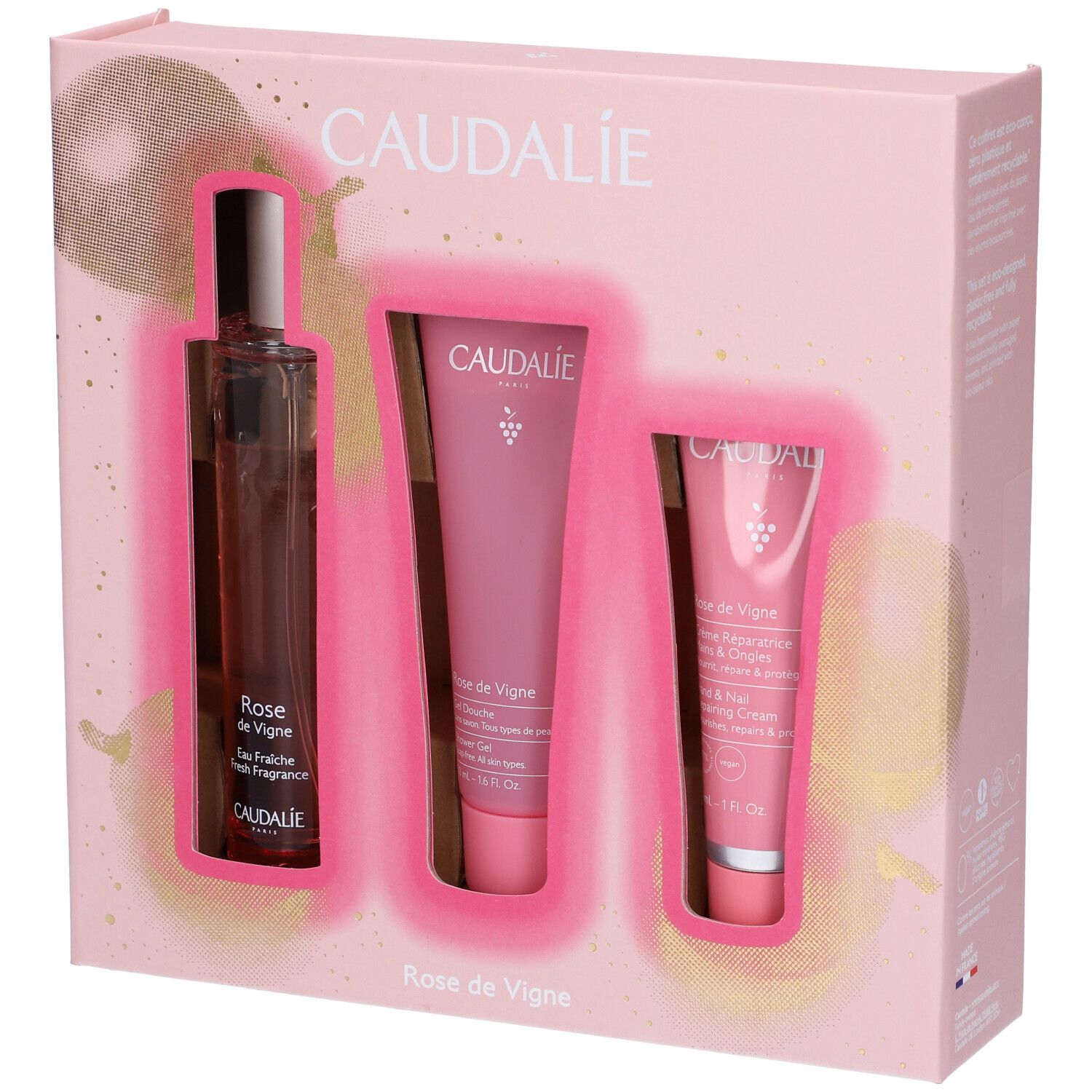 Set regalo Rose des Vignes. Contiene una bottiglia, un tubetto e un tubetto più piccolo. Confezione rosa con logo Caudalie.
