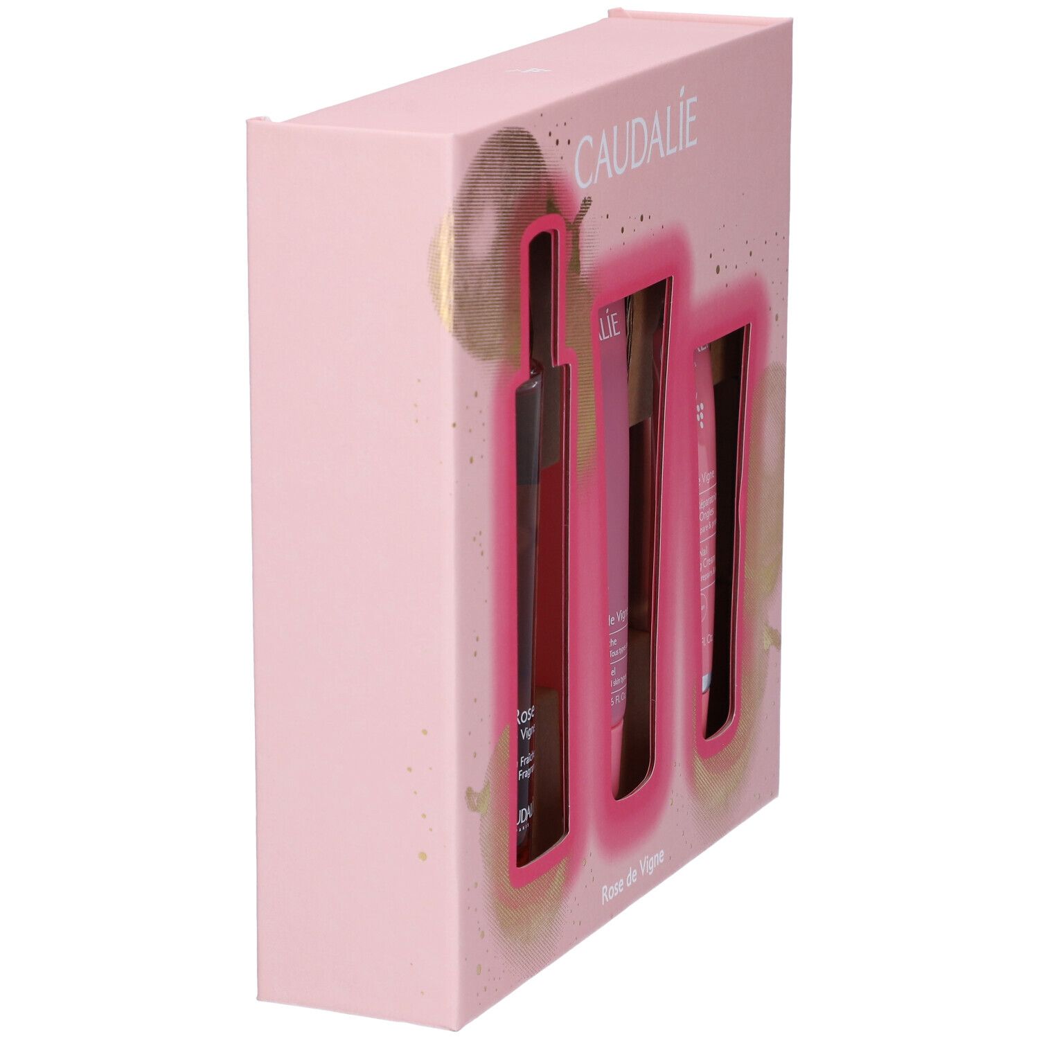 Set regalo Rose des Vignes, vista laterale. Confezione rosa con logo Caudalie. Contiene una bottiglia, un tubetto e un tubetto più piccolo.