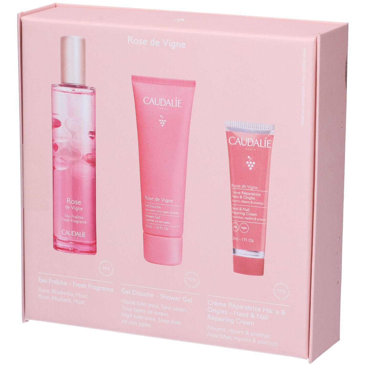 Set regalo Rose des Vignes. Contiene una bottiglia, un tubetto e un tubetto più piccolo. Confezione rosa con logo Caudalie e nomi dei prodotti.