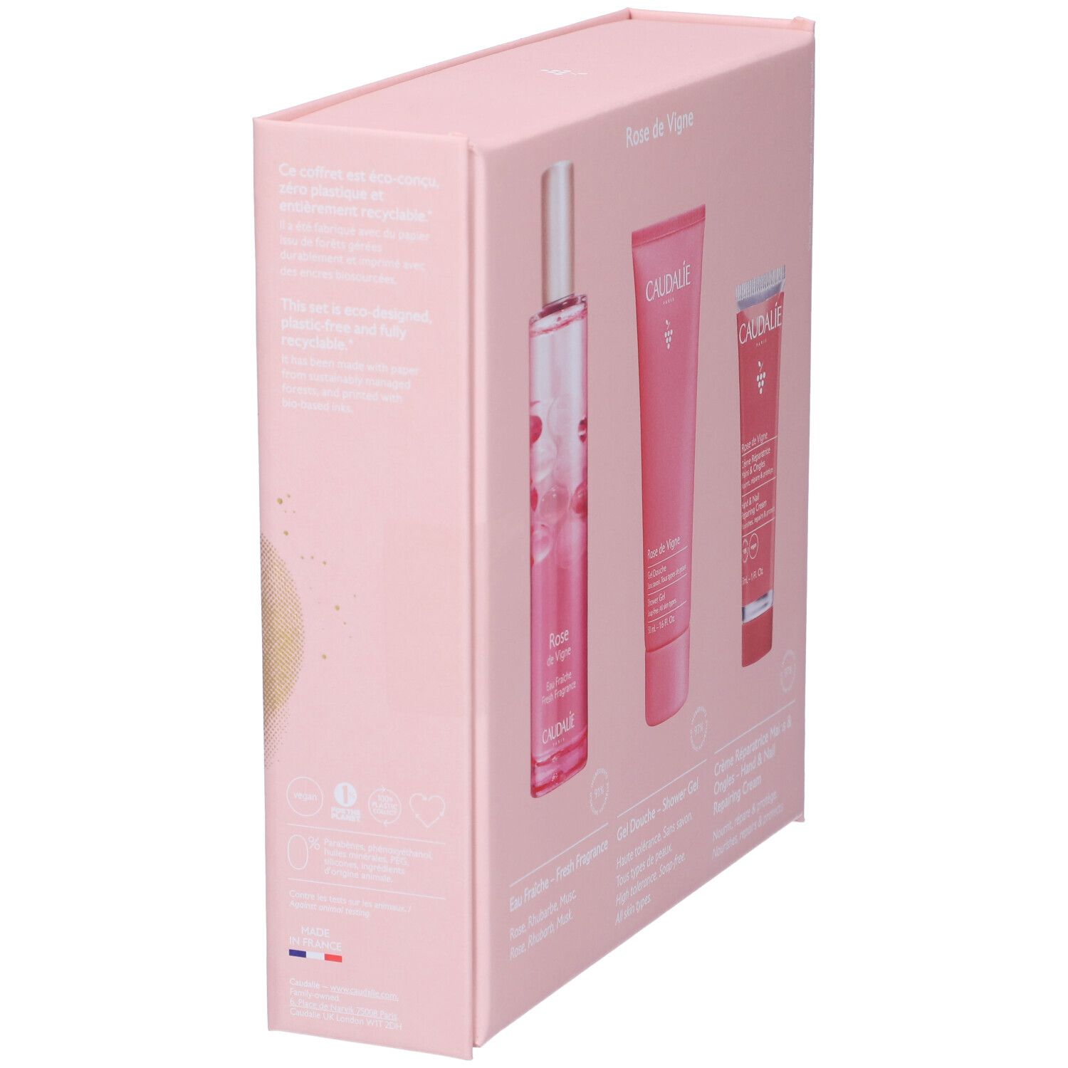 Set regalo Rose des Vignes, vista laterale. Confezione rosa con logo Caudalie e informazioni sul prodotto. Contiene una bottiglia, un tubetto e un tubetto più piccolo.