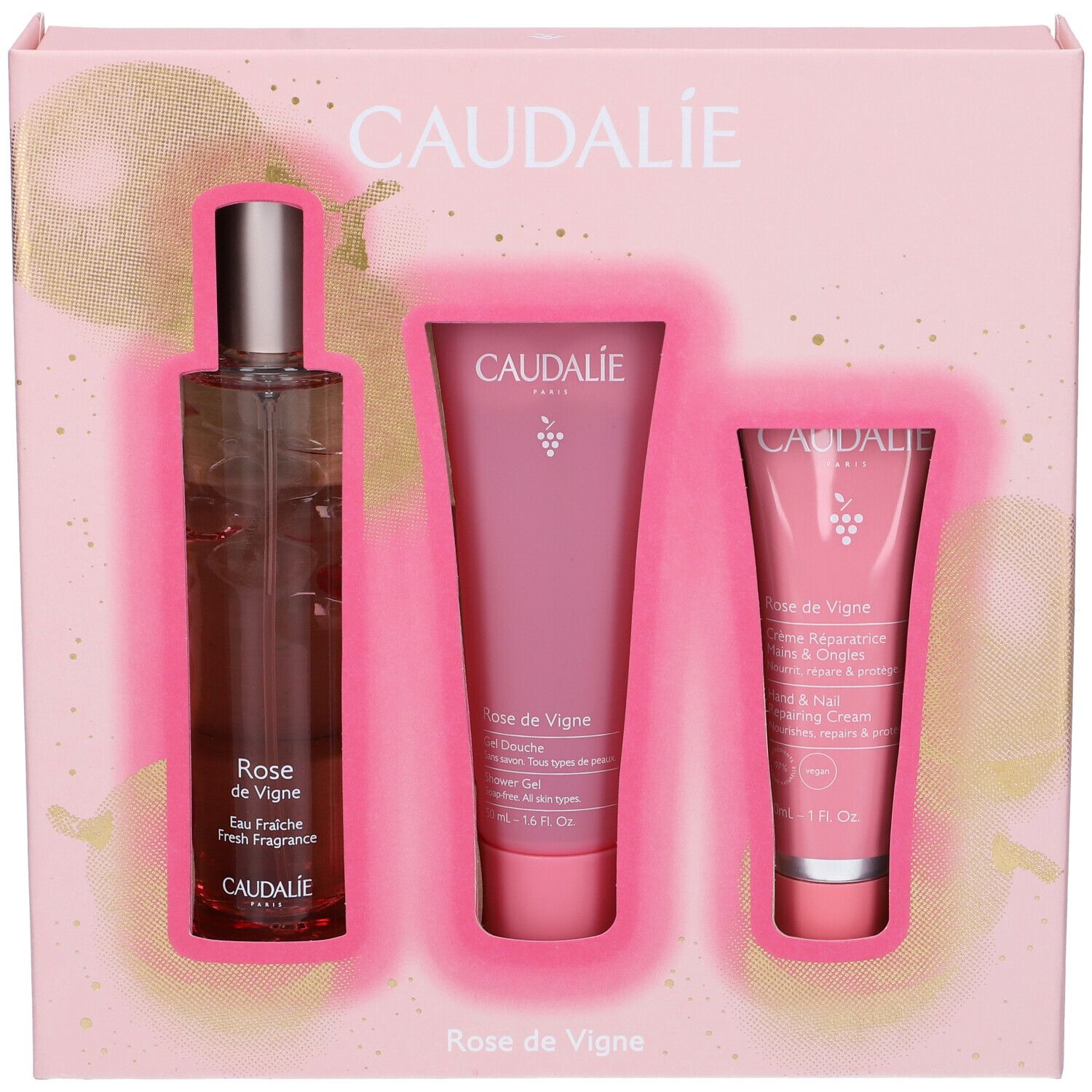 Set regalo Rose des Vignes. Contiene una bottiglia, un tubetto e un tubetto più piccolo. Confezione rosa con logo Caudalie e nomi dei prodotti.
