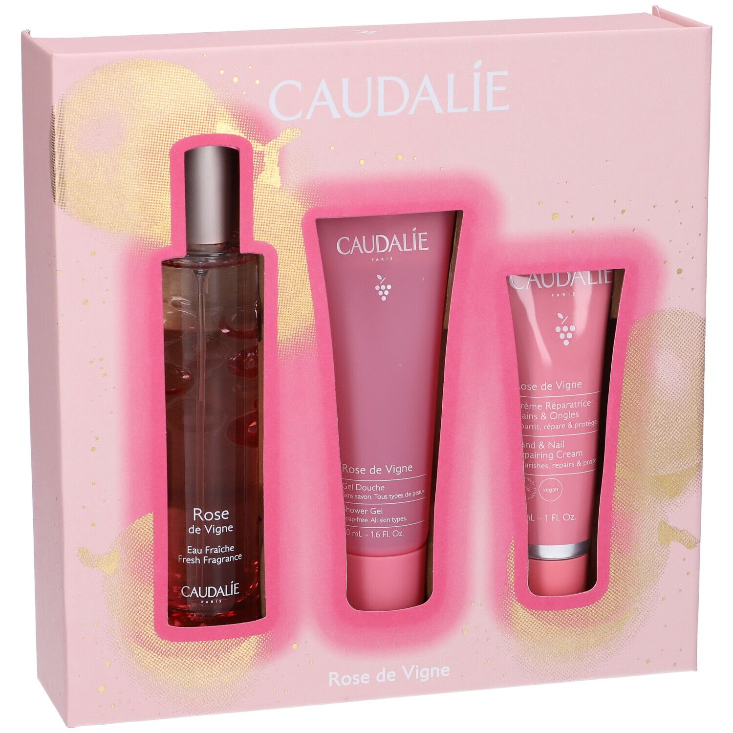 Set regalo Rose des Vignes. Contiene una bottiglia, un tubetto e un tubetto più piccolo. Confezione rosa con logo Caudalie e nomi dei prodotti.