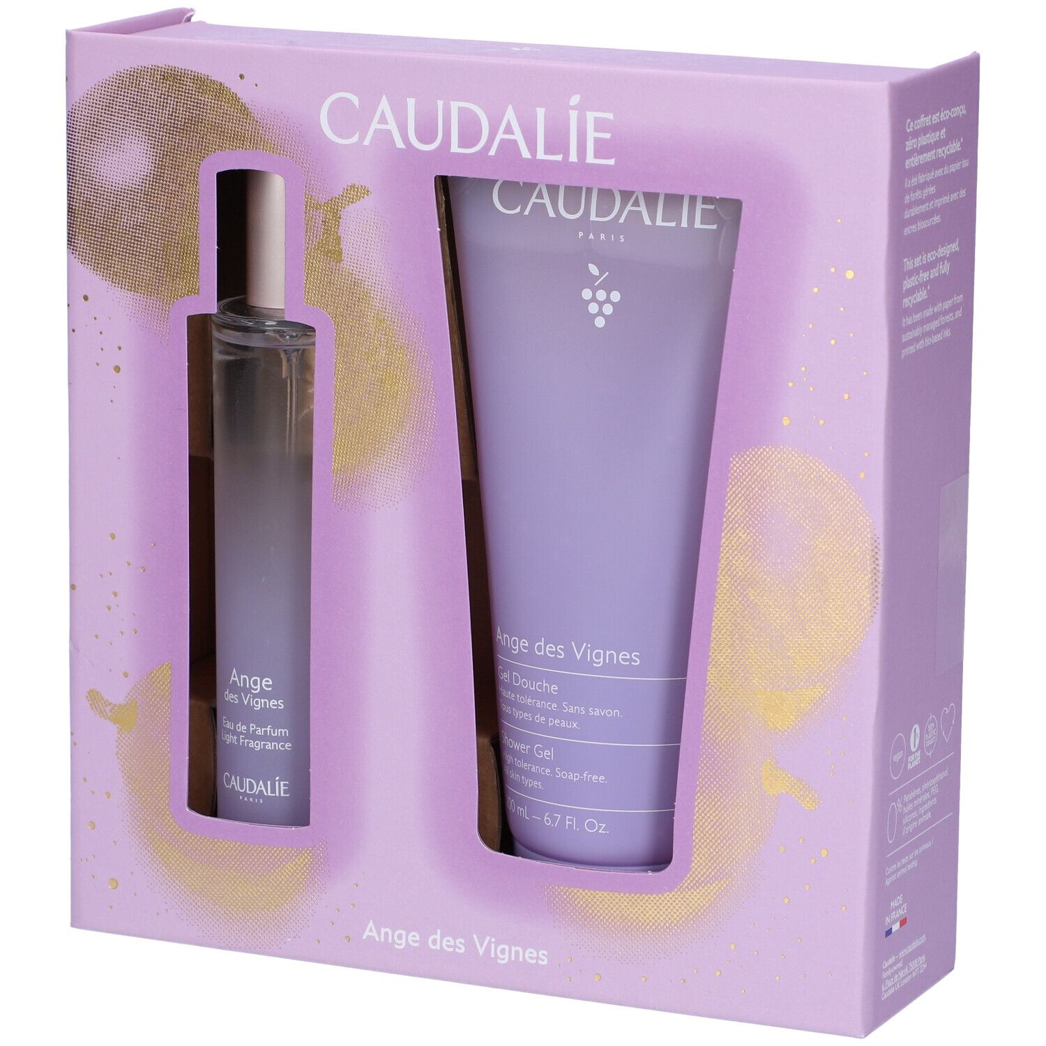 Cofanetto regalo Caudalie. Flacone spray e gel doccia Ange des Vignes. Confezione lilla con dettagli dorati. Marchio Caudalie visibile.