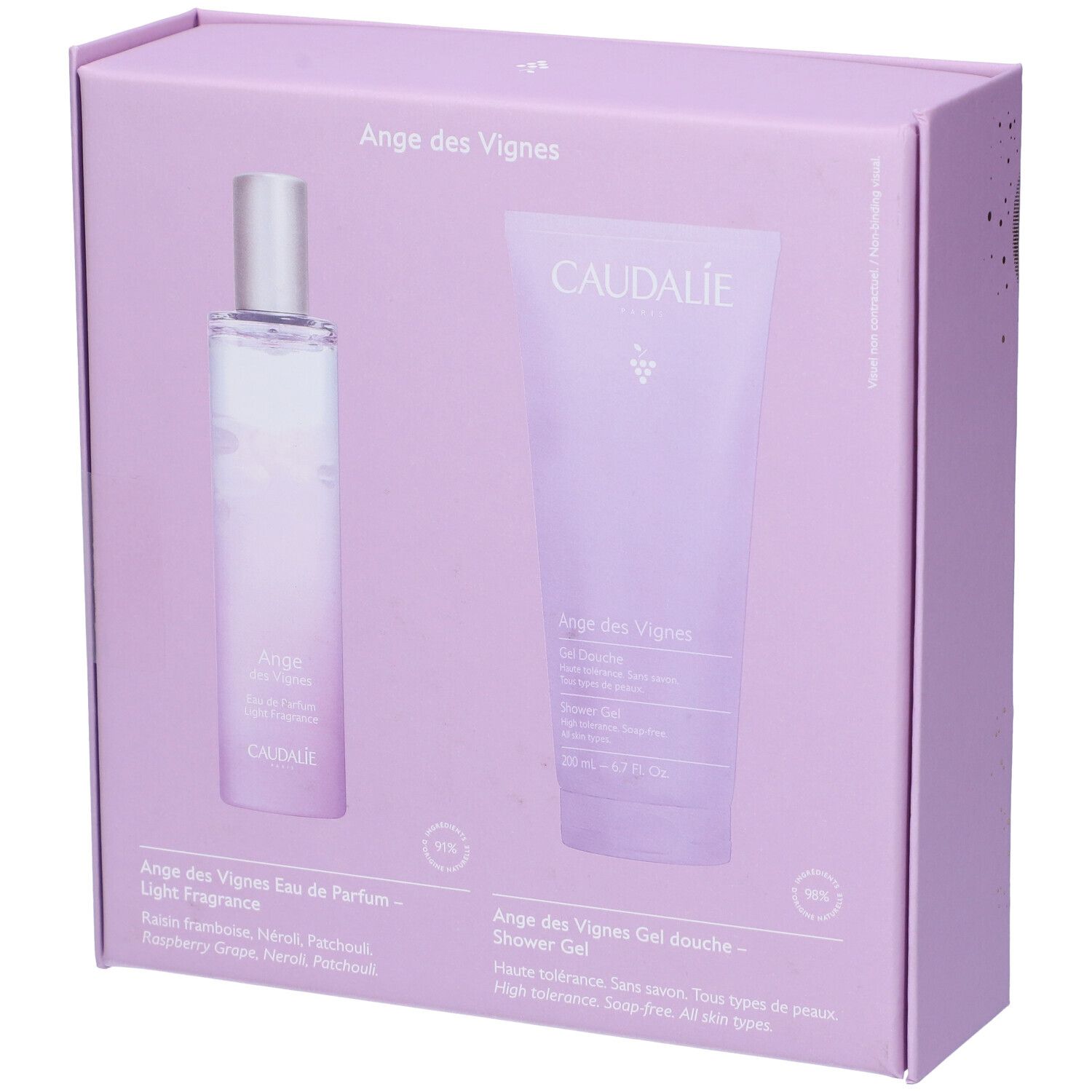 Cofanetto Caudalie con flacone e gel doccia Ange des Vignes. Confezione lilla con informazioni. Ingredienti e dettagli visibili.