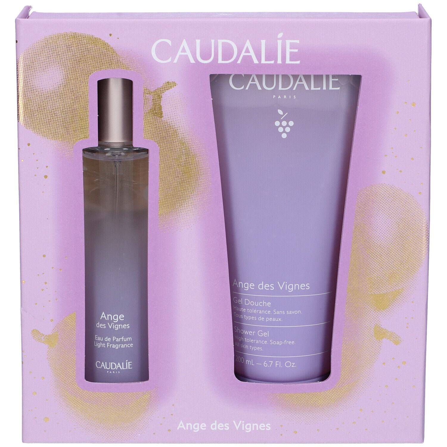 Cofanetto regalo Caudalie. Flacone spray e gel doccia Ange des Vignes. Confezione lilla con dettagli dorati. Marchio Caudalie visibile.