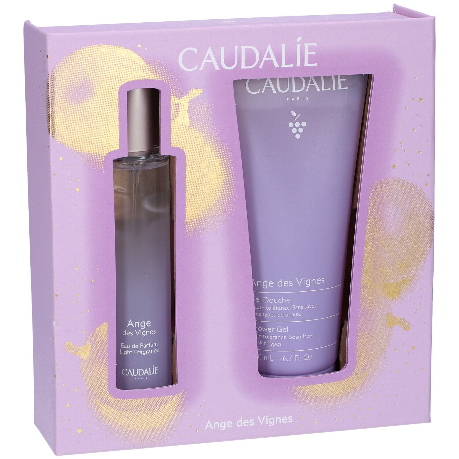 Cofanetto regalo Caudalie. Flacone spray e gel doccia Ange des Vignes. Confezione lilla con dettagli dorati. Marchio Caudalie visibile.