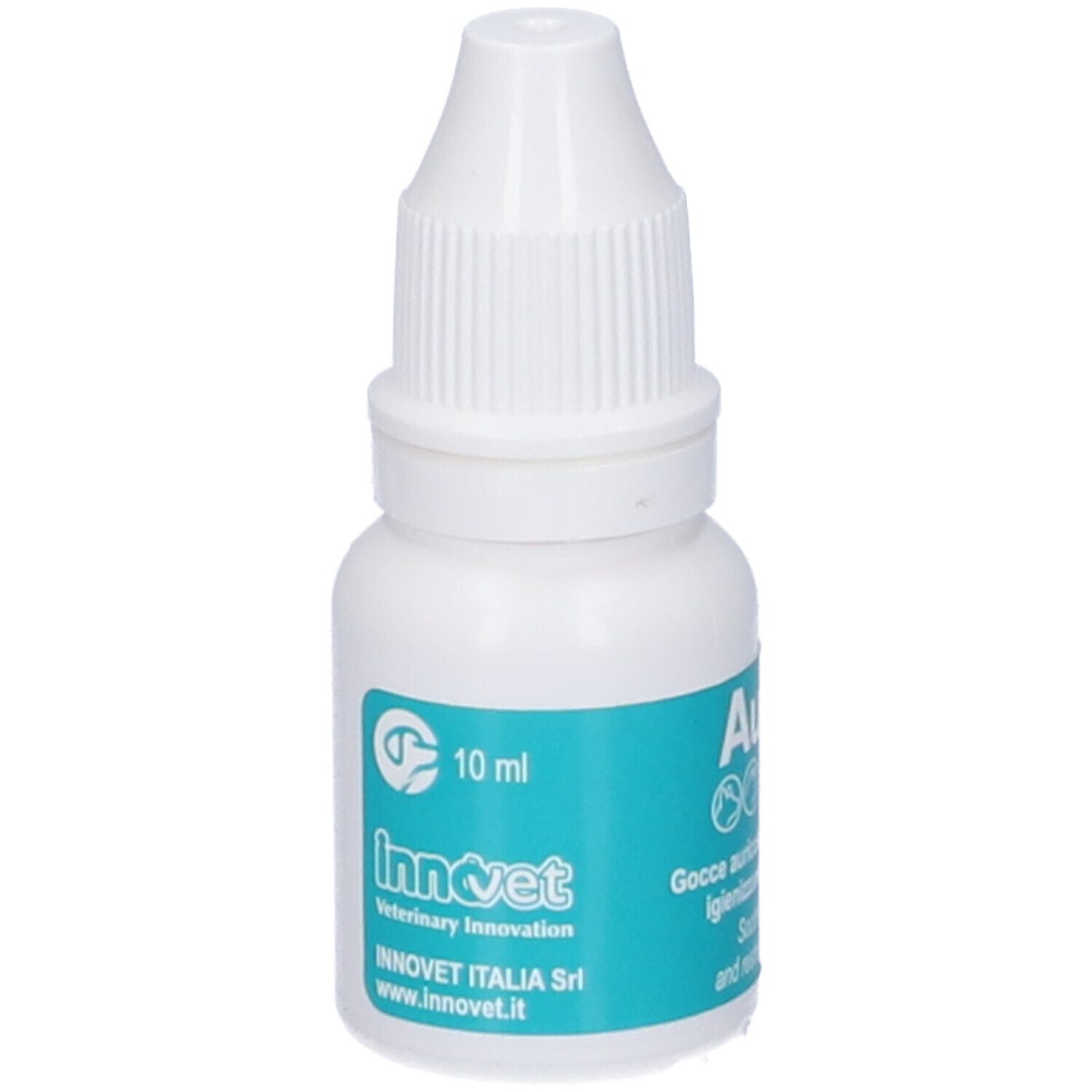 Weiße Tropfflasche mit türkisfarbenem Etikett, 10 ml.