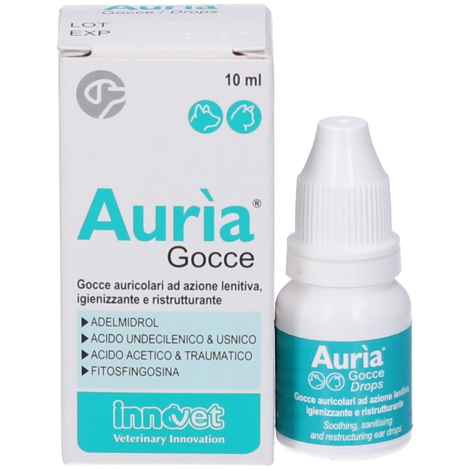 Aurìa Gocce Drops: Weiße Tropfflasche mit türkisfarbenem Etikett, 10 ml.