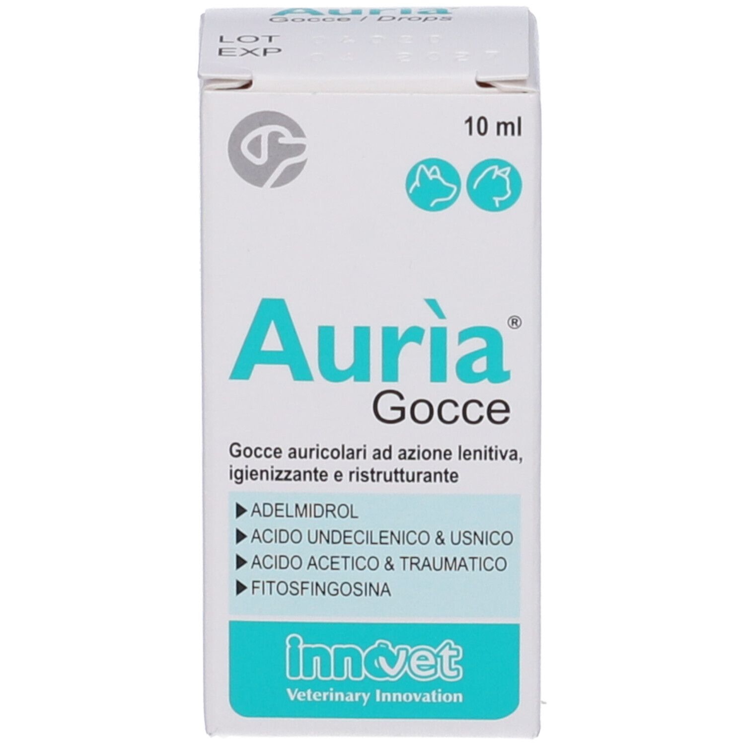 Weiße Tropfflasche mit türkisfarbenem Etikett, 'Aurìa Gocce Drops'.