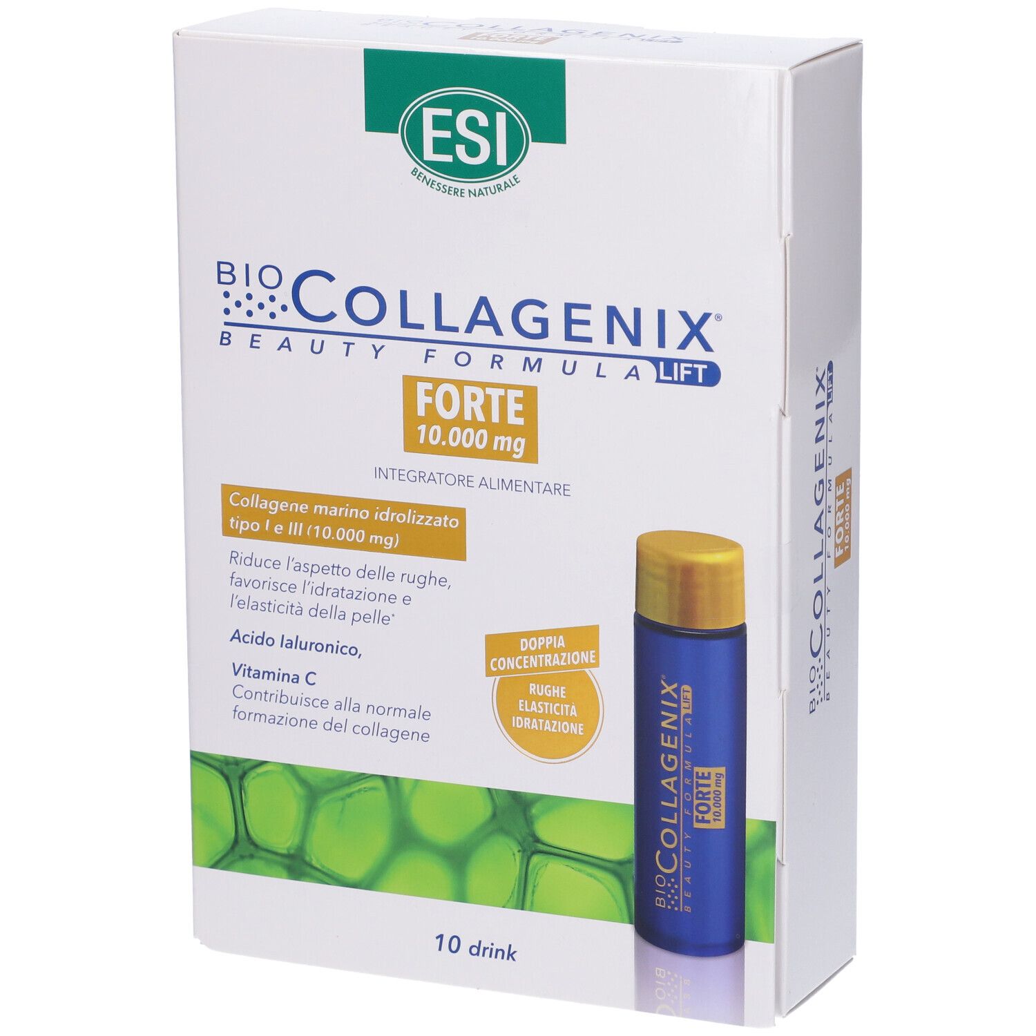 Boîte de ESI Biocollagenix Forte. Contient 10 ampoules buvables. Inscriptions : ESI, Biocollagenix Forte, 10.000 mg, Beauty Formula Lift.