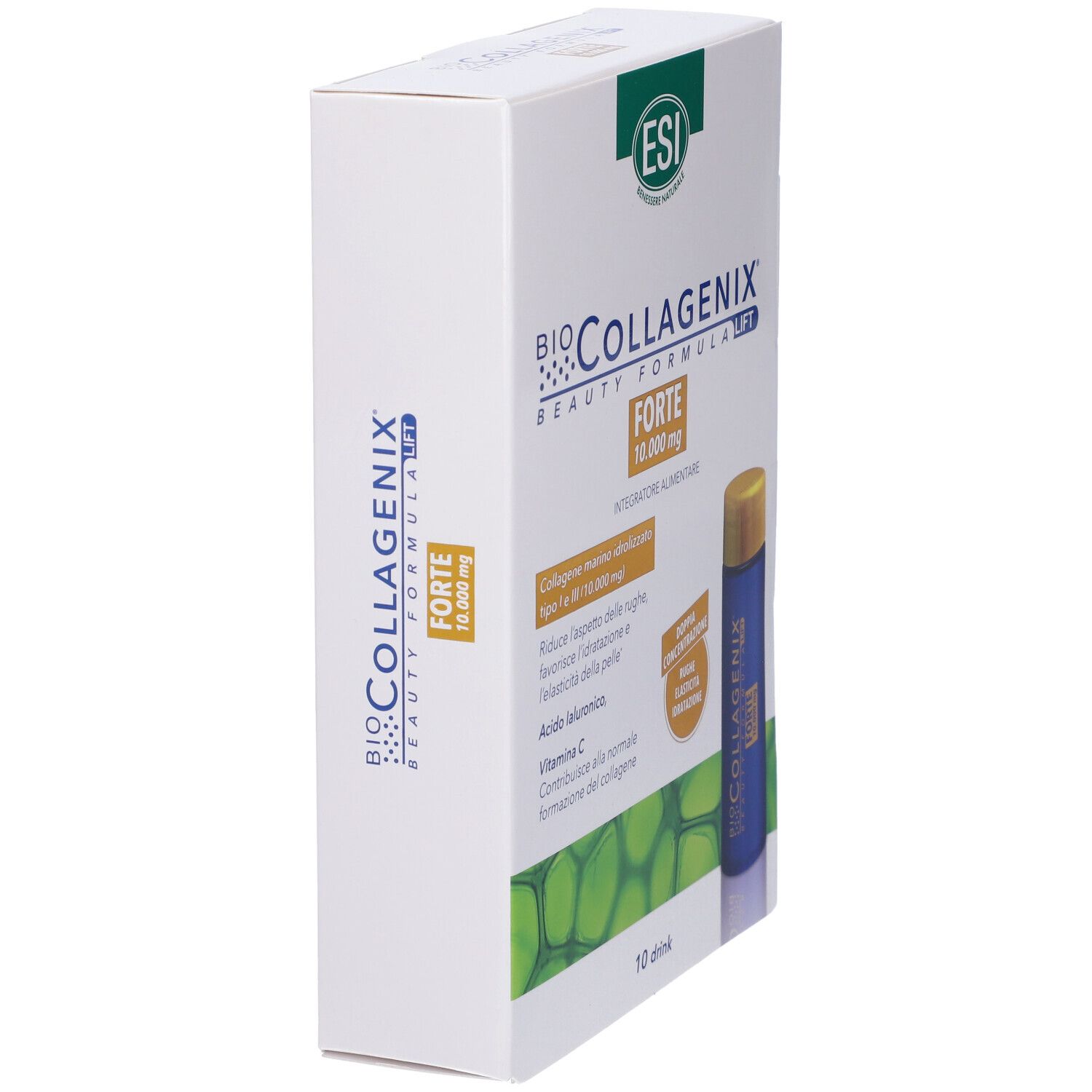 Boîte de ESI Biocollagenix Forte. Inscriptions : ESI, Biocollagenix Forte, 10.000 mg, Beauty Formula Lift. Contient 10 ampoules buvables.