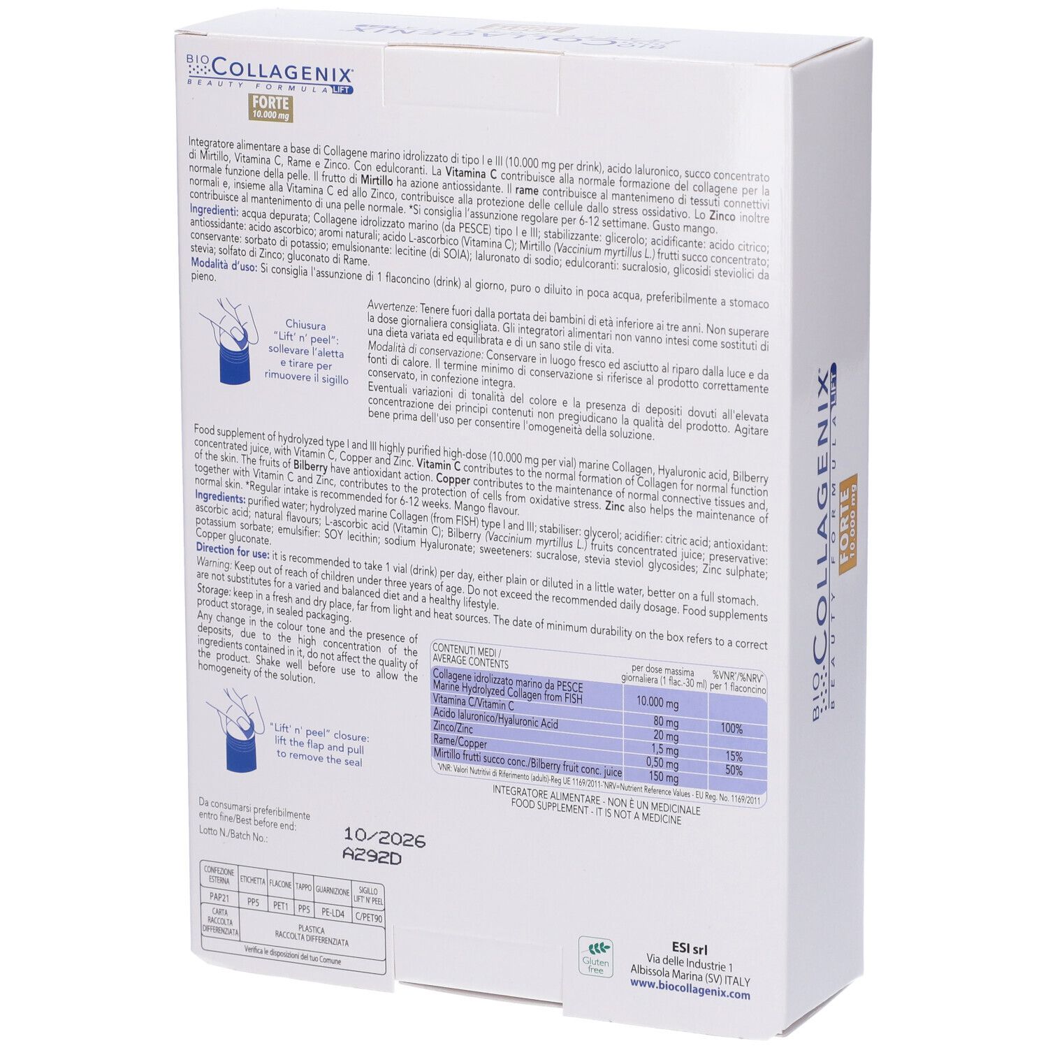 Dos de la boîte ESI Biocollagenix Forte. Contient des informations sur les ingrédients et l'utilisation.