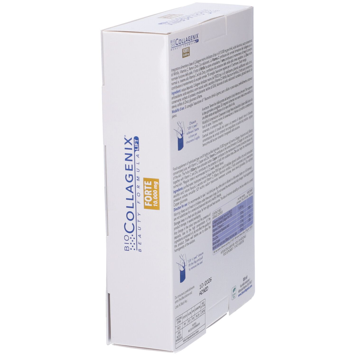 Vue latérale de la boîte ESI Biocollagenix Forte. Informations textuelles sur l'emballage.
