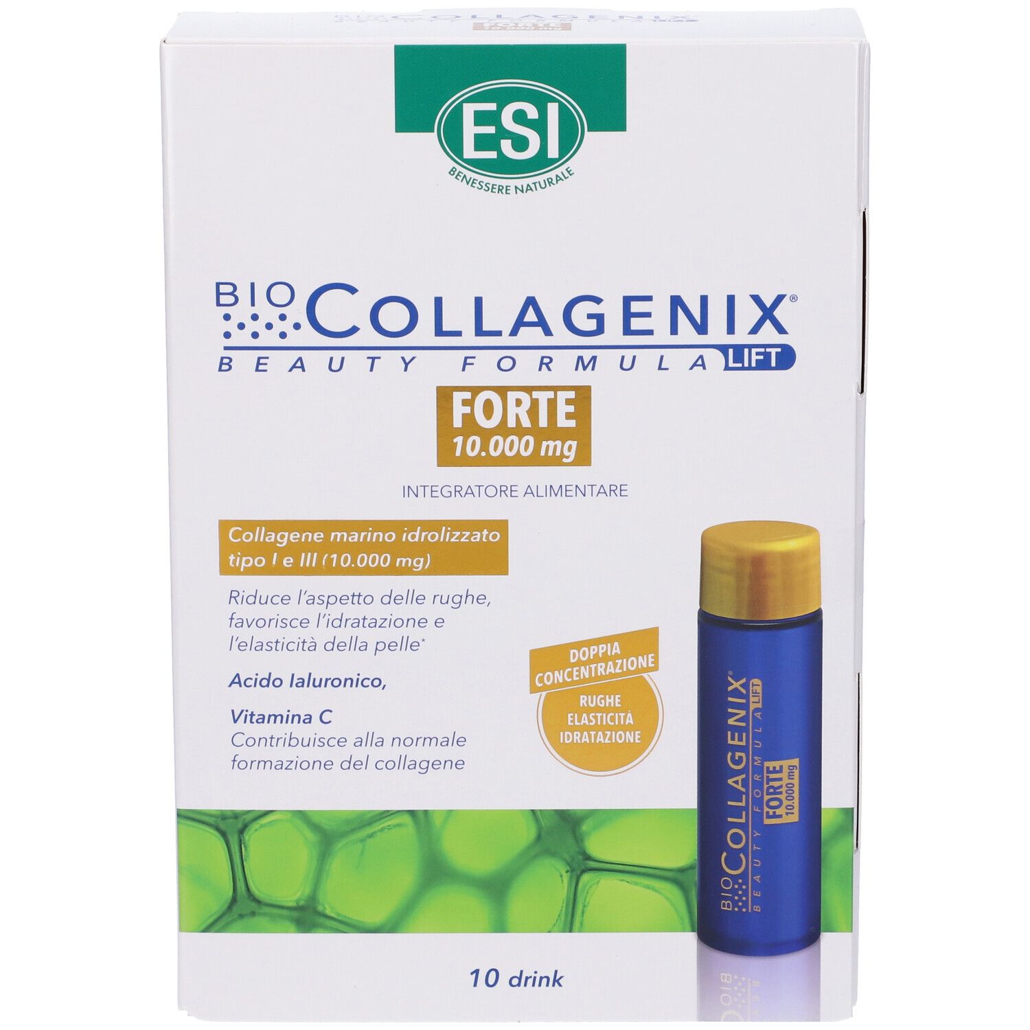 Boîte ESI Biocollagenix Forte avec ampoule buvable. Inscriptions : ESI, Biocollagenix Forte, 10.000 mg, Beauty Formula Lift.