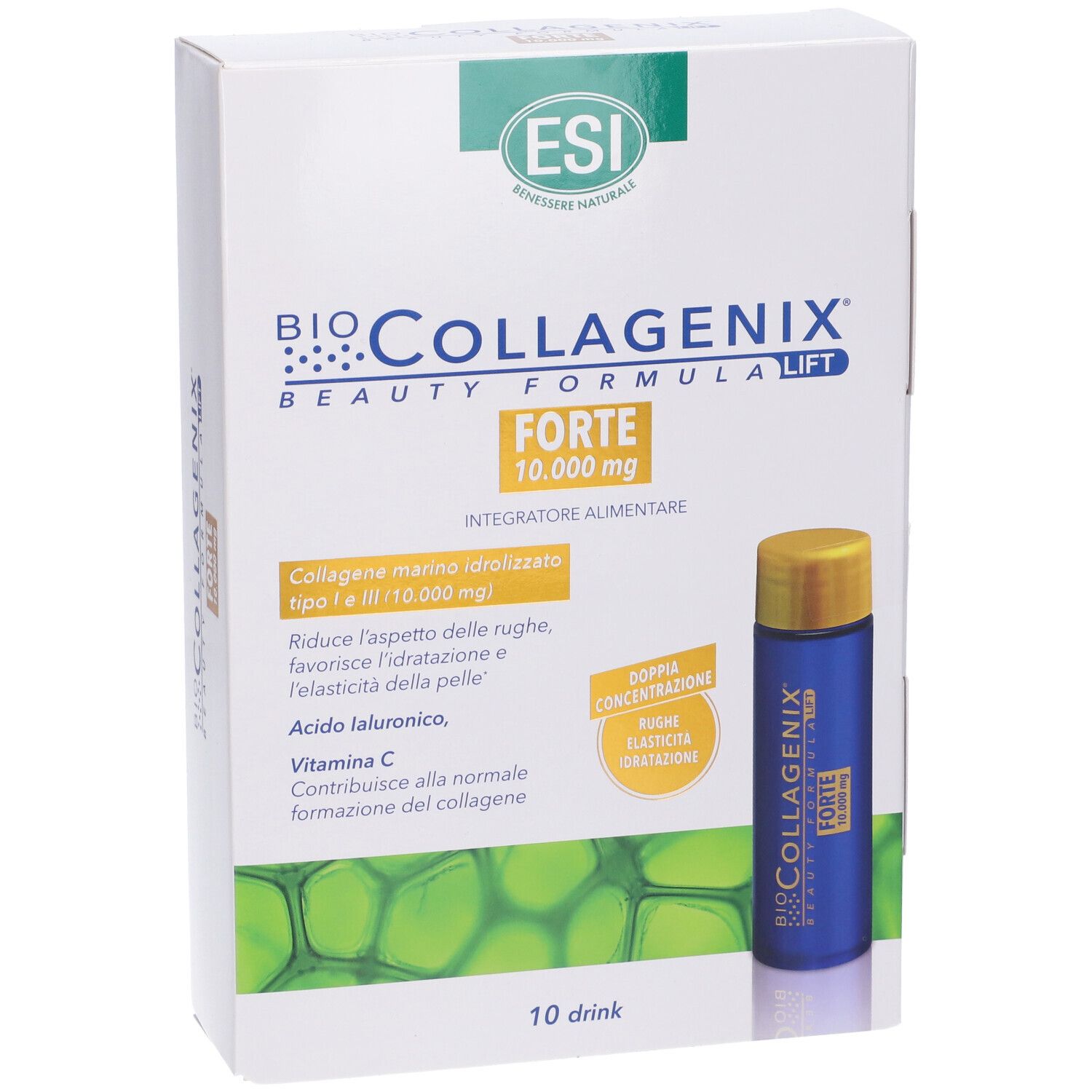 Boîte ESI Biocollagenix Forte avec ampoule buvable. Inscriptions : ESI, Biocollagenix Forte, 10.000 mg, Beauty Formula Lift.