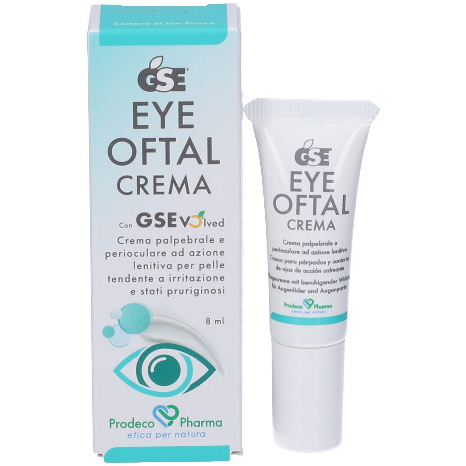 Produktverpackung mit Tube. Aufschrift GSE EYE OFTAL CREMA. Verpackung mit Logo und Produktinformationen.