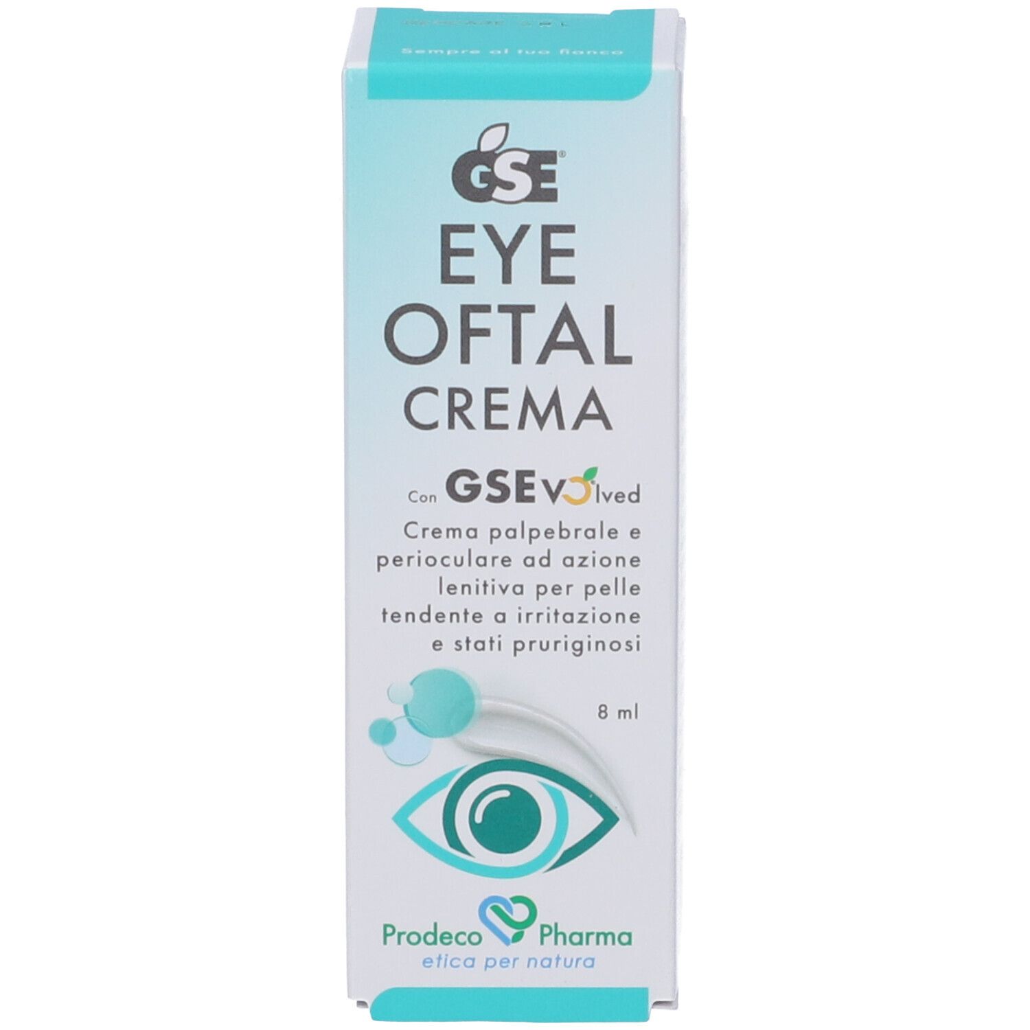 Produktverpackung. Aufschrift GSE EYE OFTAL CREMA. Verpackung mit Logo und Produktinformationen.