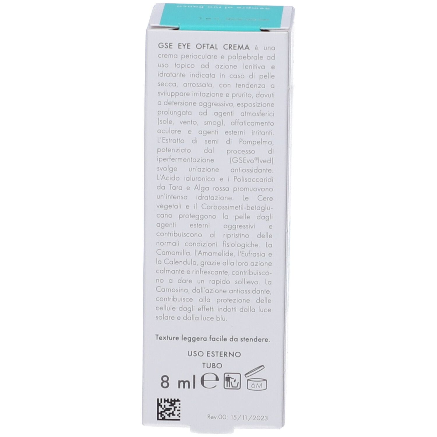 Verpackung. Text: GSE EYE OFTAL CREMA. Informationen zur Anwendung und Inhaltsstoffe.